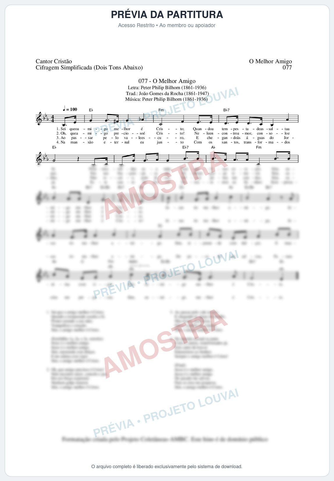 Prévia protegida da primeira página da partitura Partitura da música O Melhor Amigo (Cantor Cristão nº77) - Cantor Cristão - Tom Eb