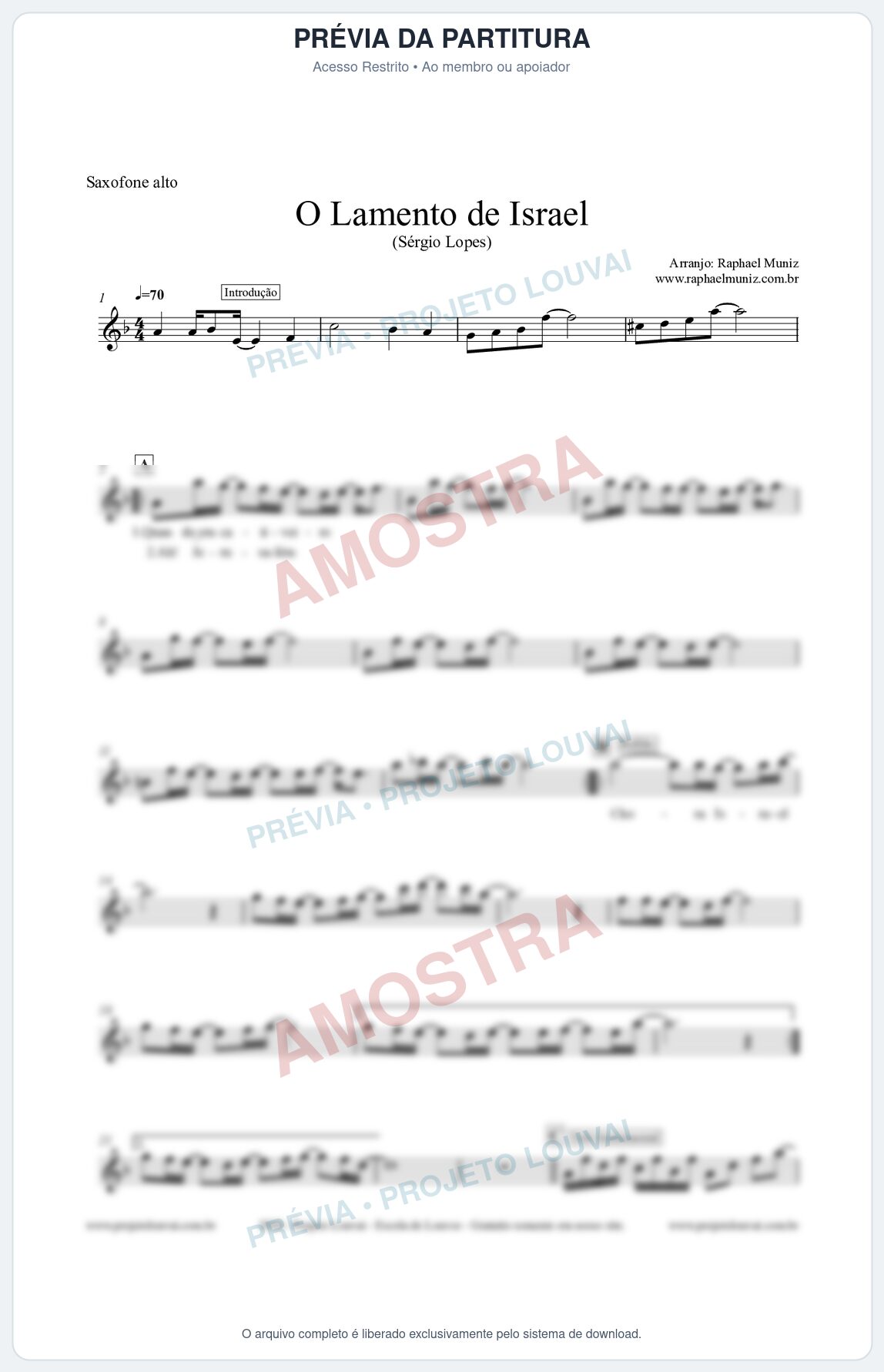 Prévia protegida da primeira página da partitura Partitura para Saxofone Alto - O Lamento de Israel - Sérgio Lopes