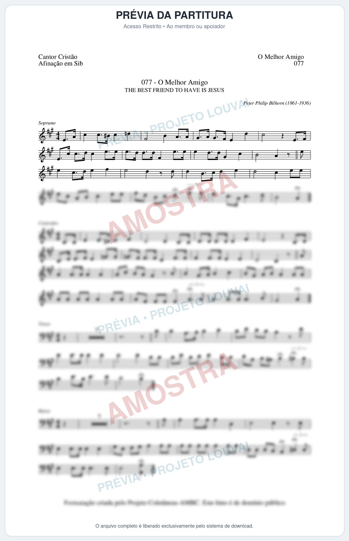 Prévia protegida da primeira página da partitura Partitura da música O Melhor Amigo (Cantor Cristão nº77) - Cantor Cristão - Tom A