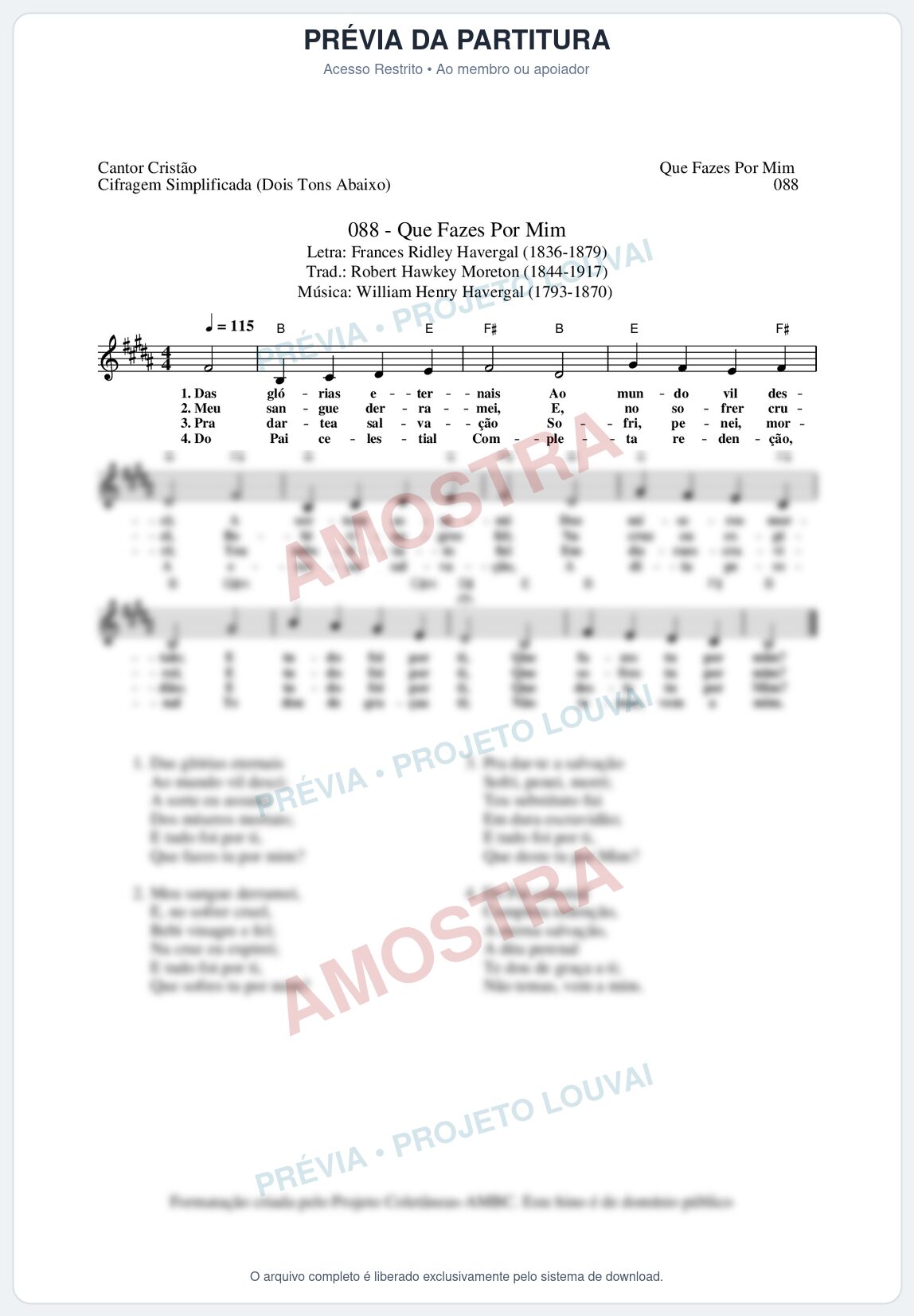 Prévia protegida da primeira página da partitura Partitura da música Que Fazes Por Mim (Cantor Cristão nº88) - Cantor Cristão - Tom B