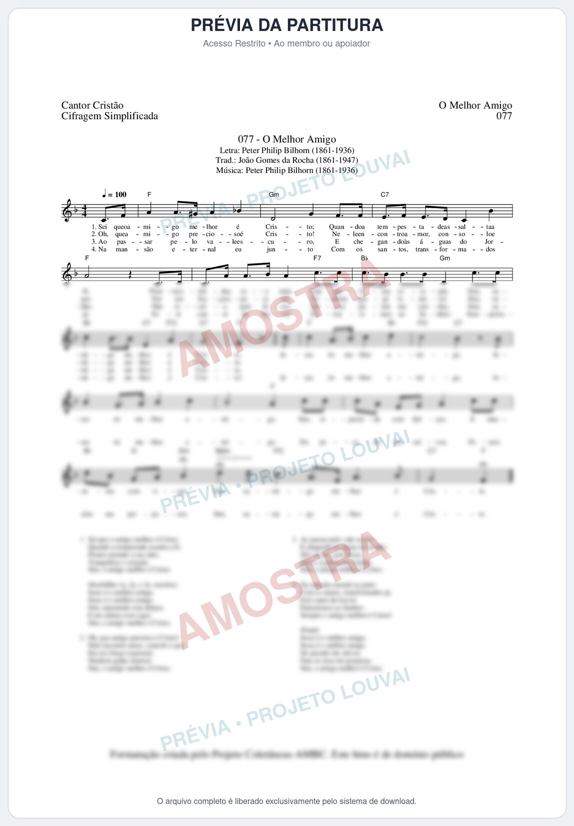 Prévia protegida da primeira página da partitura Partitura da música O Melhor Amigo (Cantor Cristão nº77) - Cantor Cristão - Tom F