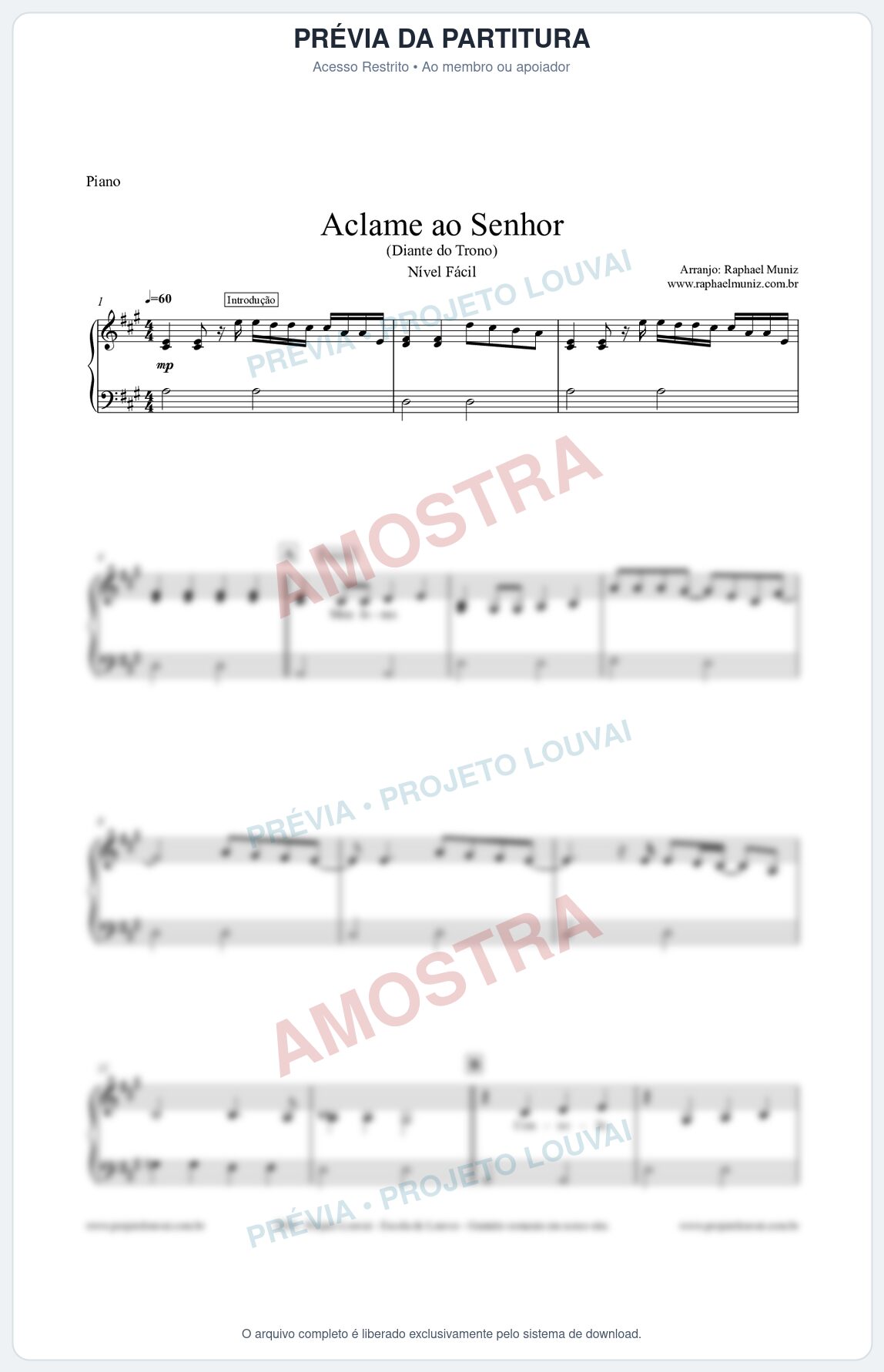 Prévia protegida da primeira página da partitura Partitura para Piano - Nível Fácil - Aclame ao Senhor - Diante do Trono