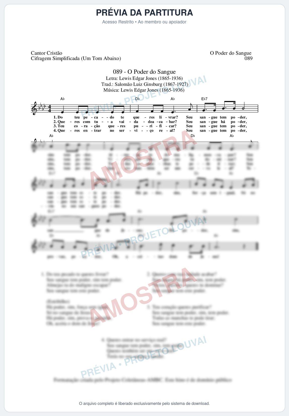 Prévia protegida da primeira página da partitura Partitura da música O Poder do Sangue (Cantor Cristão nº89) - Cantor Cristão - Tom Ab