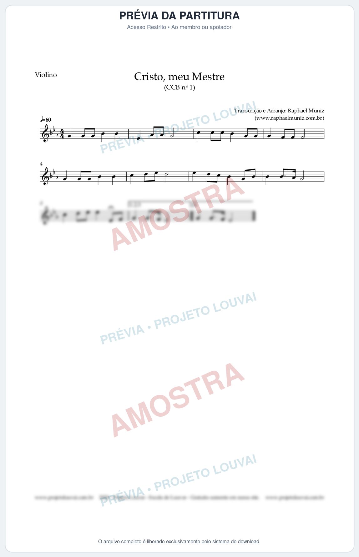 Prévia protegida da primeira página da partitura Partitura para Violino - Cristo, meu Mestre - Hinário CCB nº 1 - Clássicos do Gospel