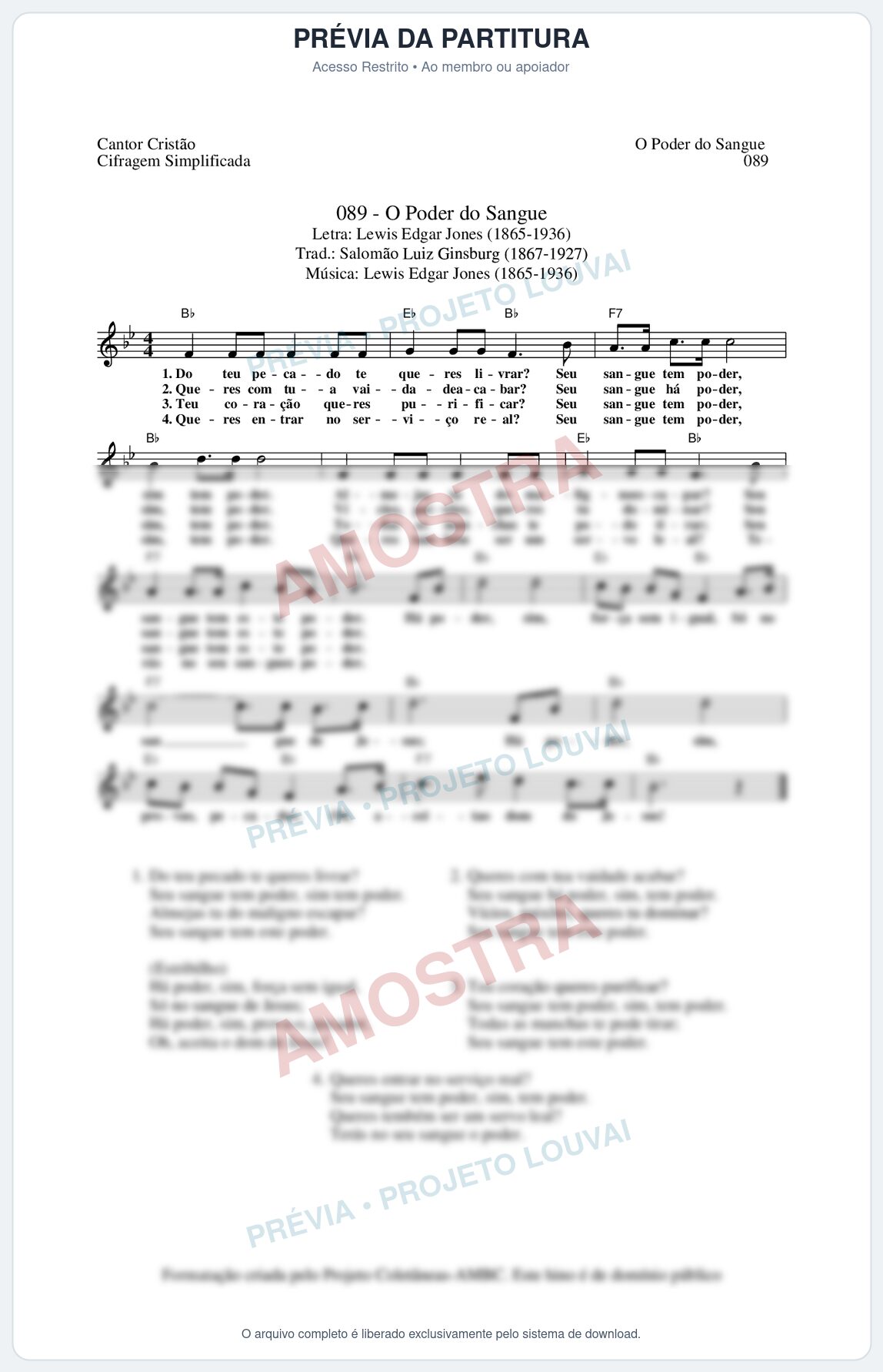 Prévia protegida da primeira página da partitura Partitura da música O Poder do Sangue (Cantor Cristão nº89) - Cantor Cristão - Tom Bb
