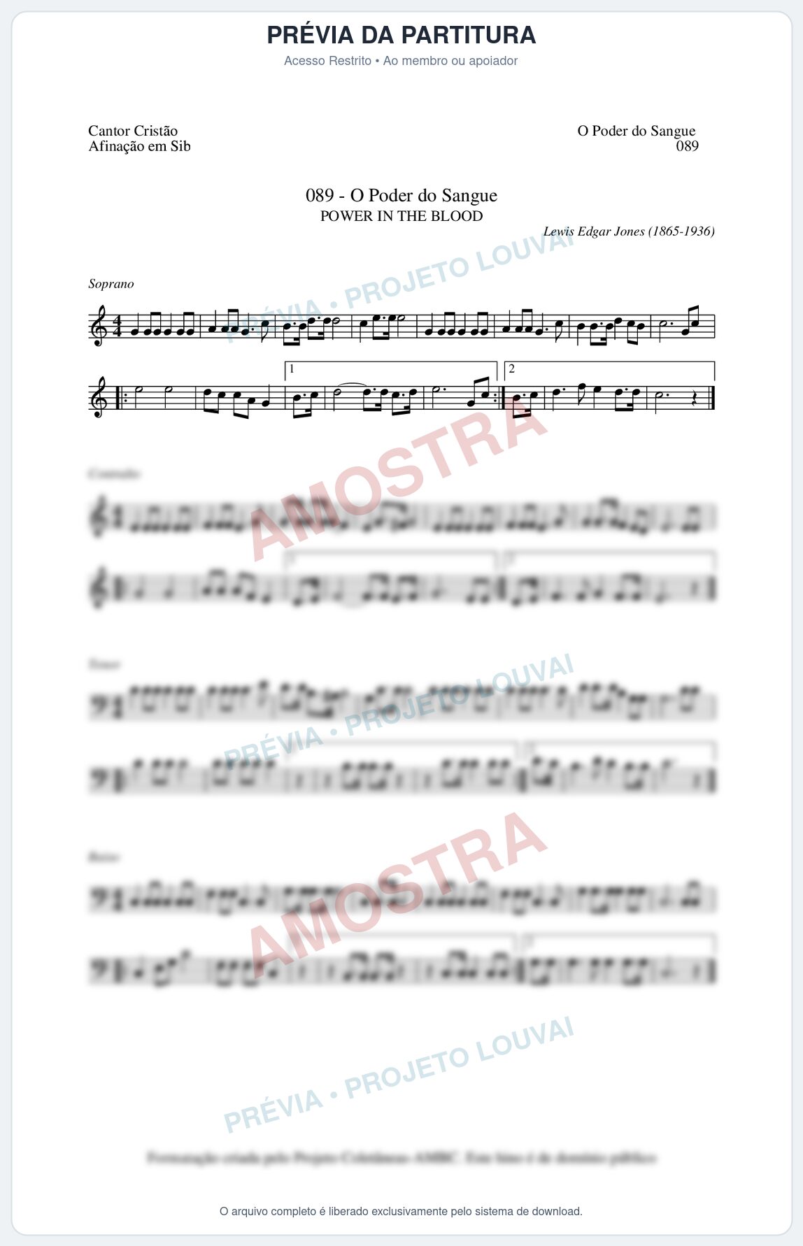 Prévia protegida da primeira página da partitura Partitura da música O Poder do Sangue (Cantor Cristão nº89) - Cantor Cristão - Tom C