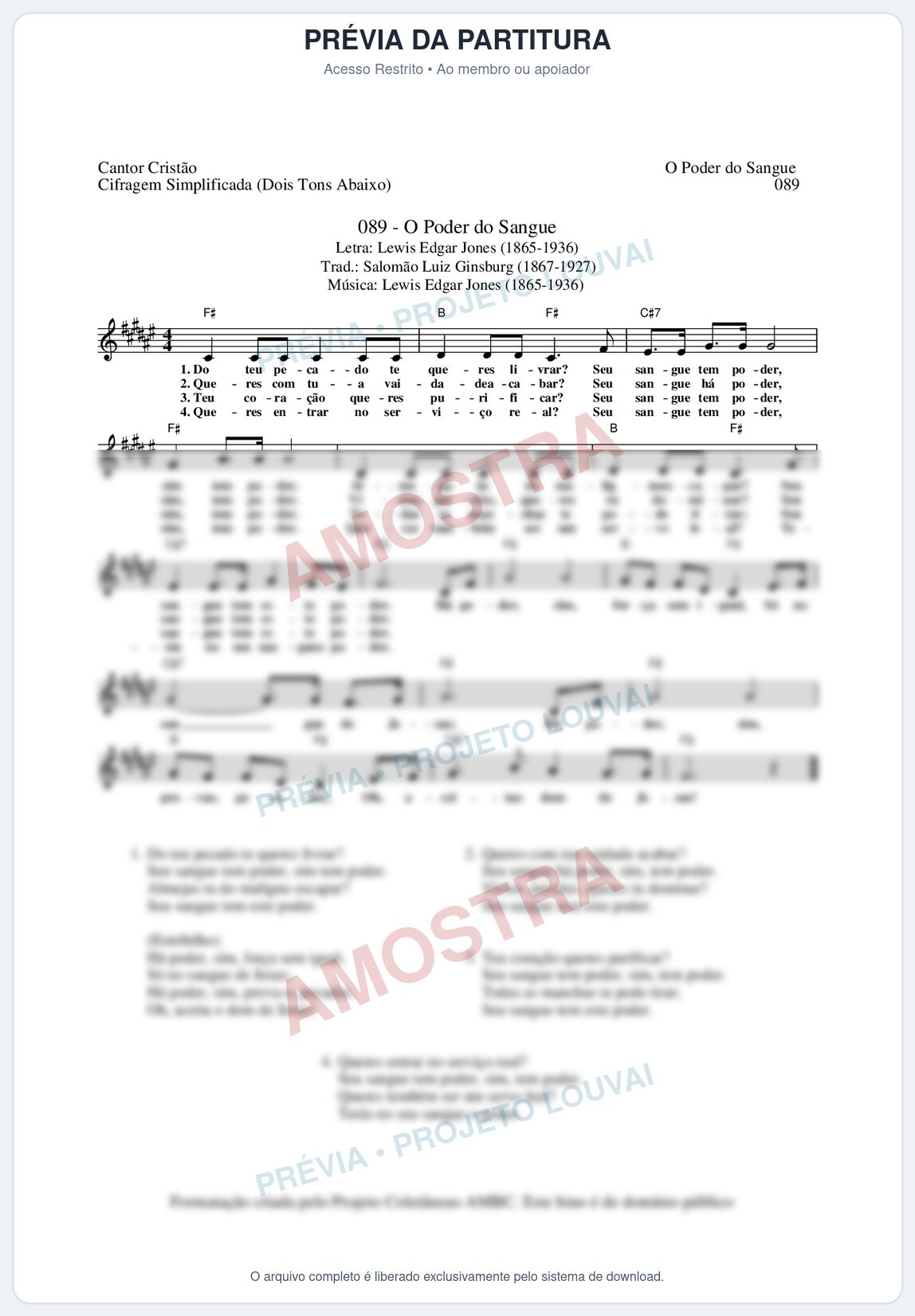 Prévia protegida da primeira página da partitura Partitura da música O Poder do Sangue (Cantor Cristão nº89) - Cantor Cristão - Tom F#