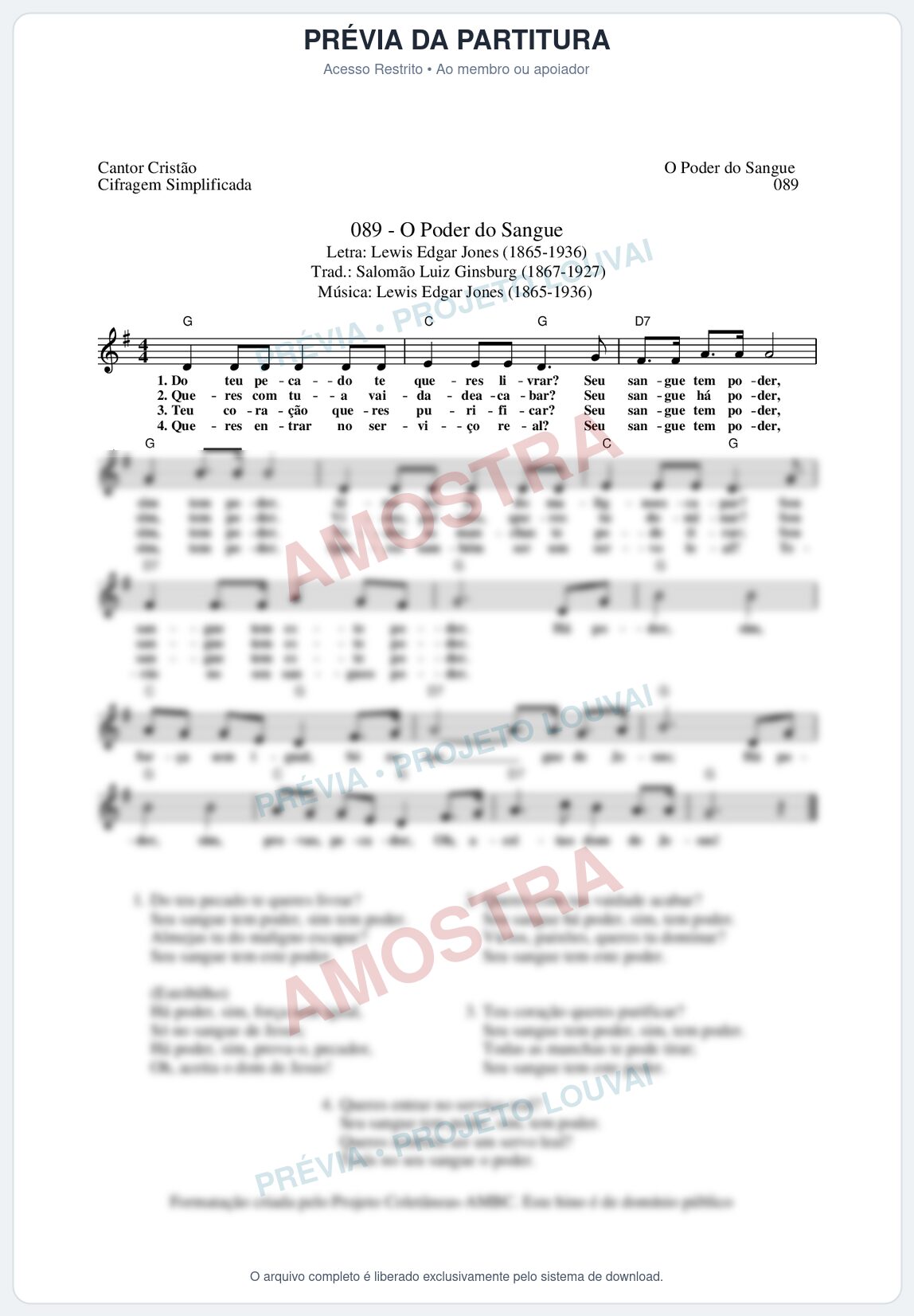 Prévia protegida da primeira página da partitura Partitura da música O Poder do Sangue (Cantor Cristão nº89) - Cantor Cristão - Tom G