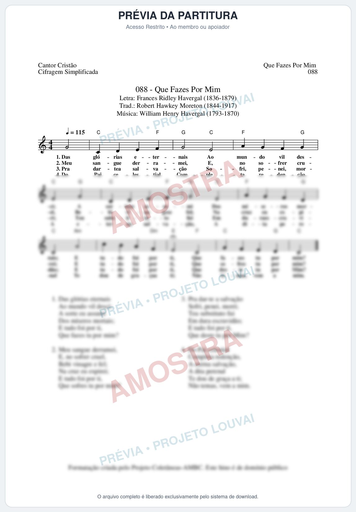 Prévia protegida da primeira página da partitura Partitura da música Que Fazes Por Mim (Cantor Cristão nº88) - Cantor Cristão - Tom C
