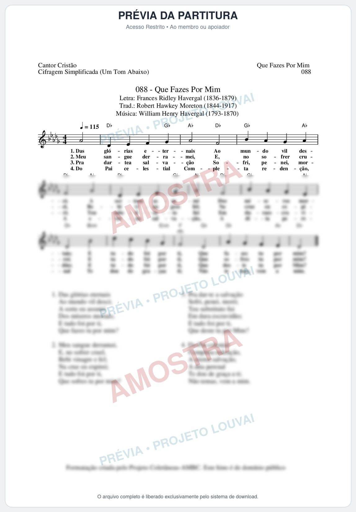 Prévia protegida da primeira página da partitura Partitura da música Que Fazes Por Mim (Cantor Cristão nº88) - Cantor Cristão - Tom Db
