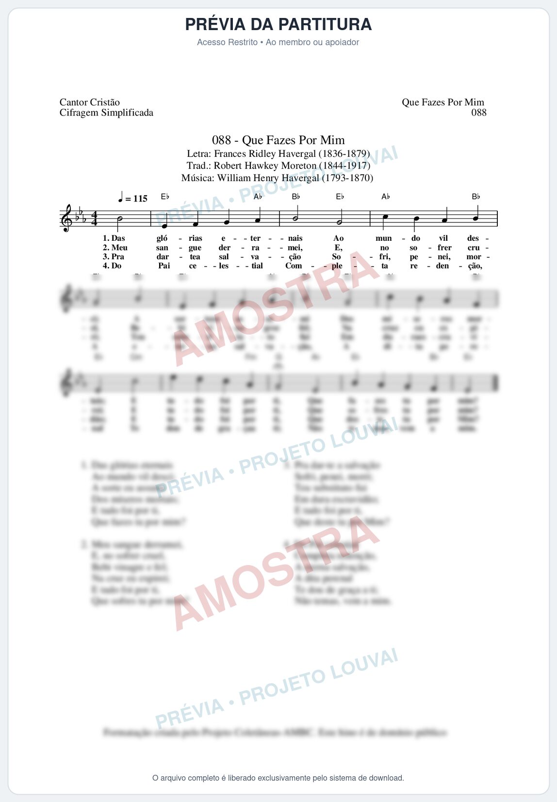 Prévia protegida da primeira página da partitura Partitura da música Que Fazes Por Mim (Cantor Cristão nº88) - Cantor Cristão - Tom Eb