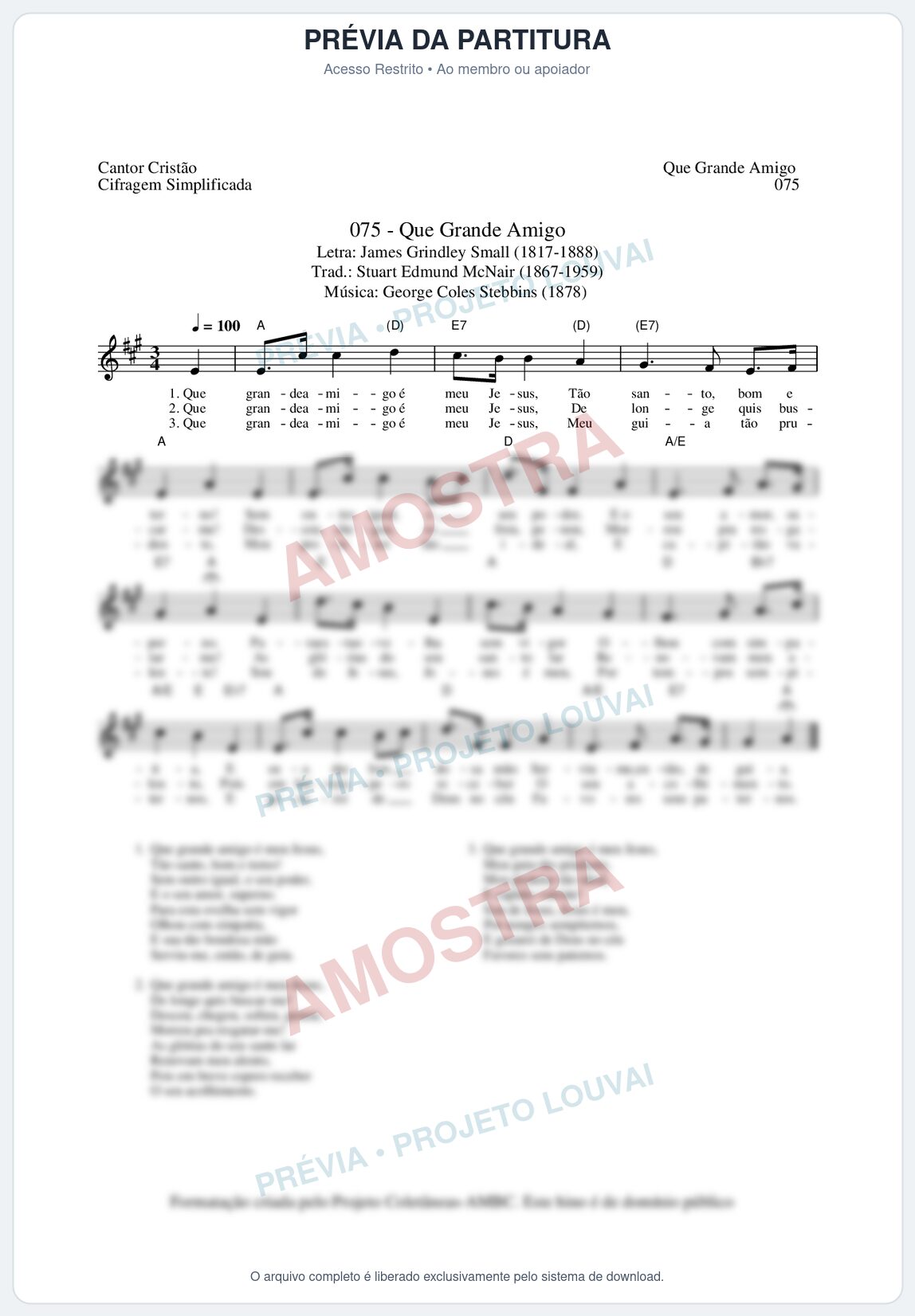 Prévia protegida da primeira página da partitura Partitura da música Que Grande Amigo (Cantor Cristão nº75) - Cantor Cristão - Tom A