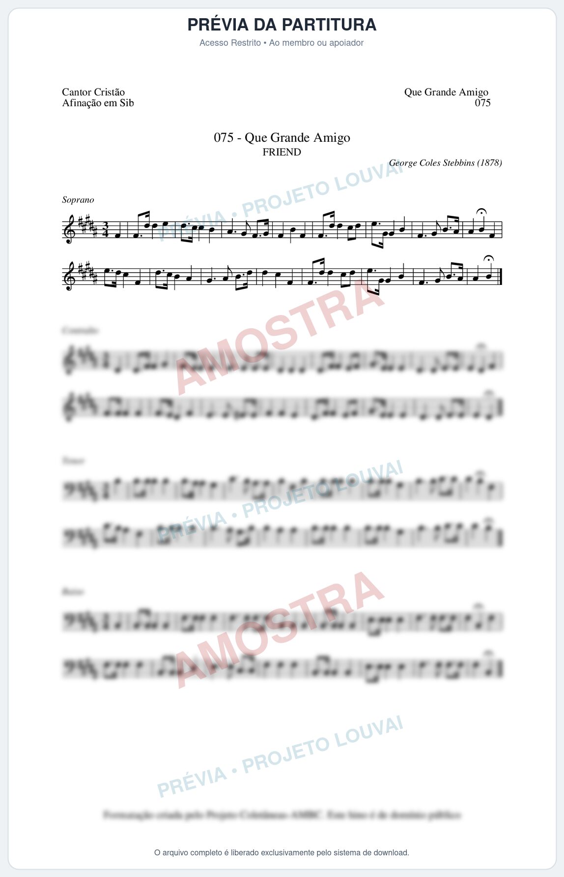 Prévia protegida da primeira página da partitura Partitura da música Que Grande Amigo (Cantor Cristão nº75) - Cantor Cristão - Tom B