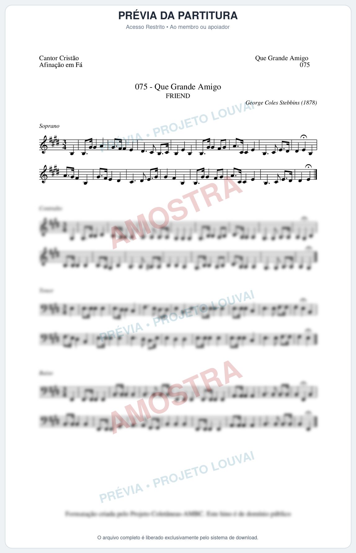 Prévia protegida da primeira página da partitura Partitura da música Que Grande Amigo (Cantor Cristão nº75) - Cantor Cristão - Tom E