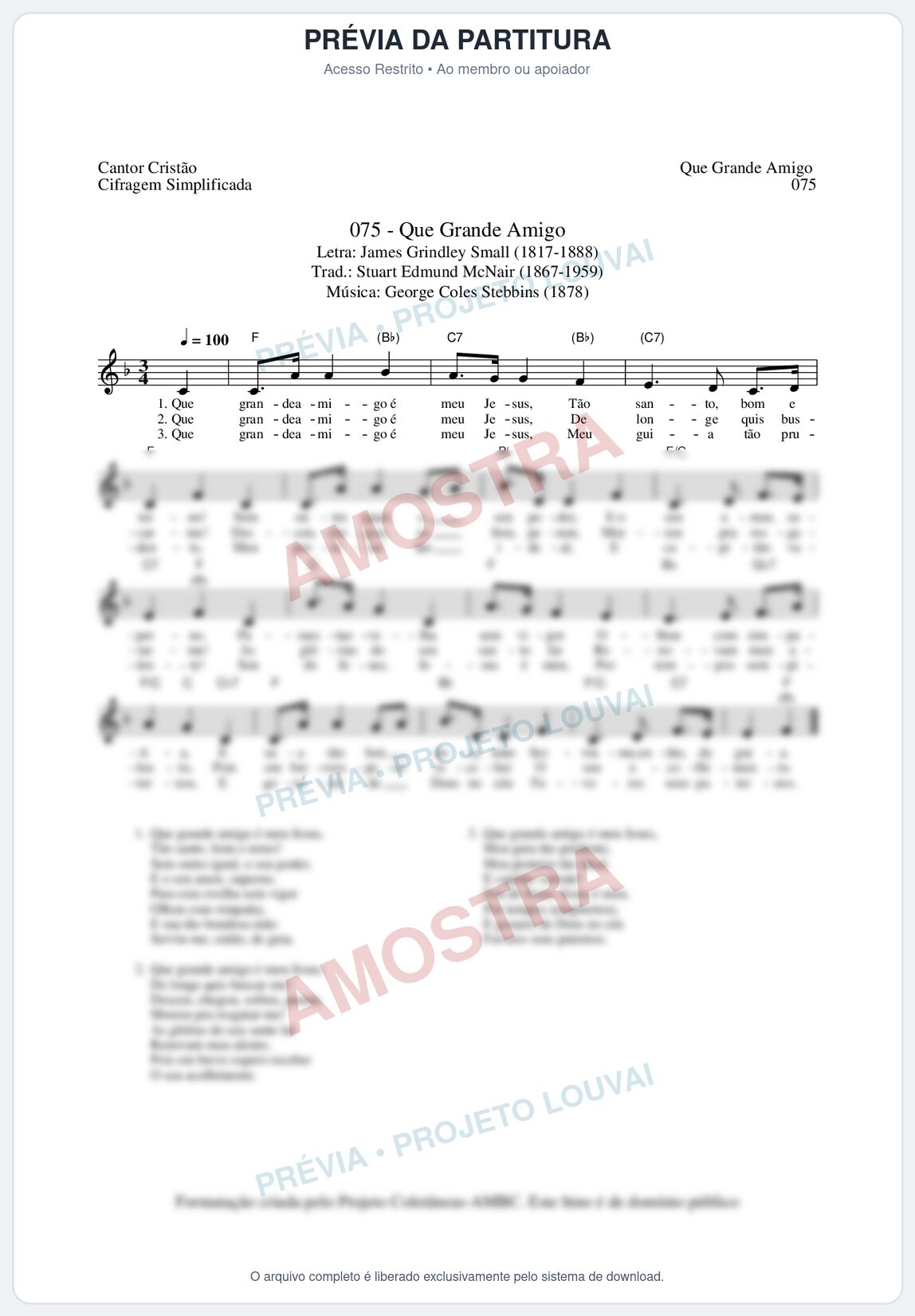 Prévia protegida da primeira página da partitura Partitura da música Que Grande Amigo (Cantor Cristão nº75) - Cantor Cristão - Tom F