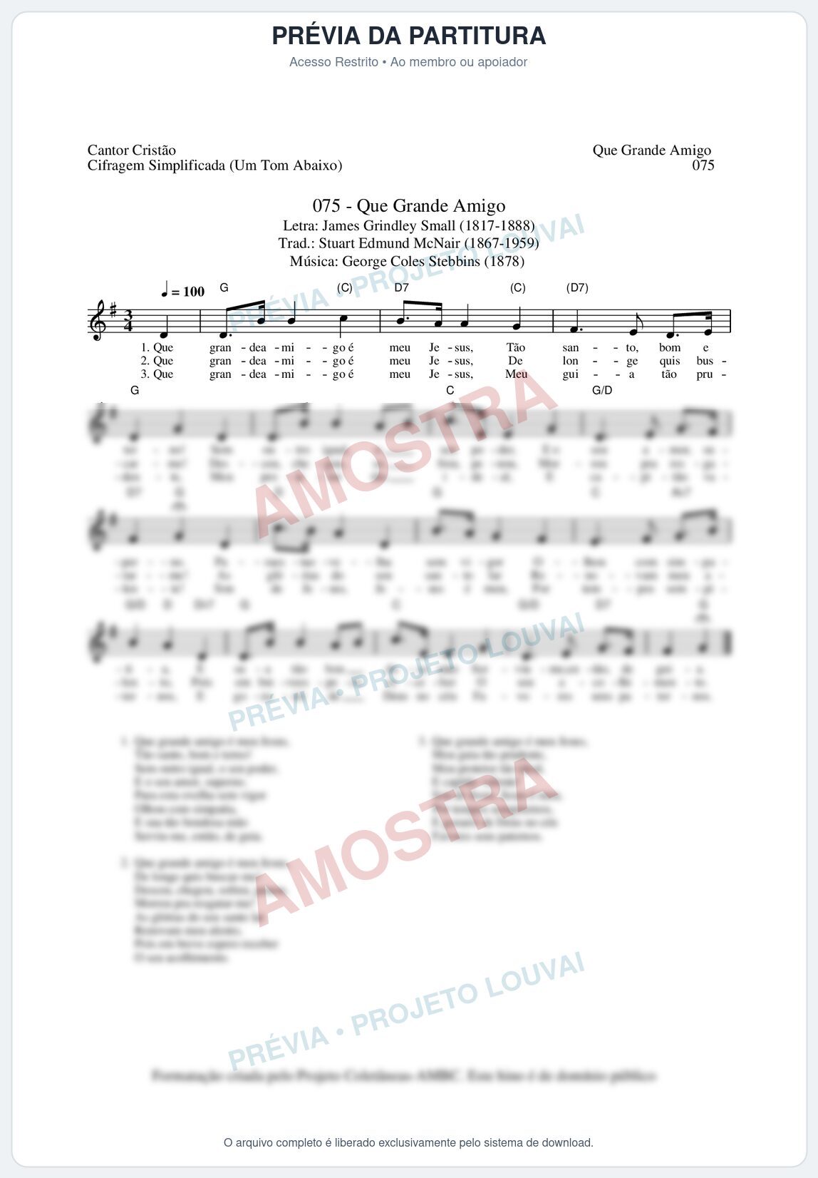 Prévia protegida da primeira página da partitura Partitura da música Que Grande Amigo (Cantor Cristão nº75) - Cantor Cristão - Tom G