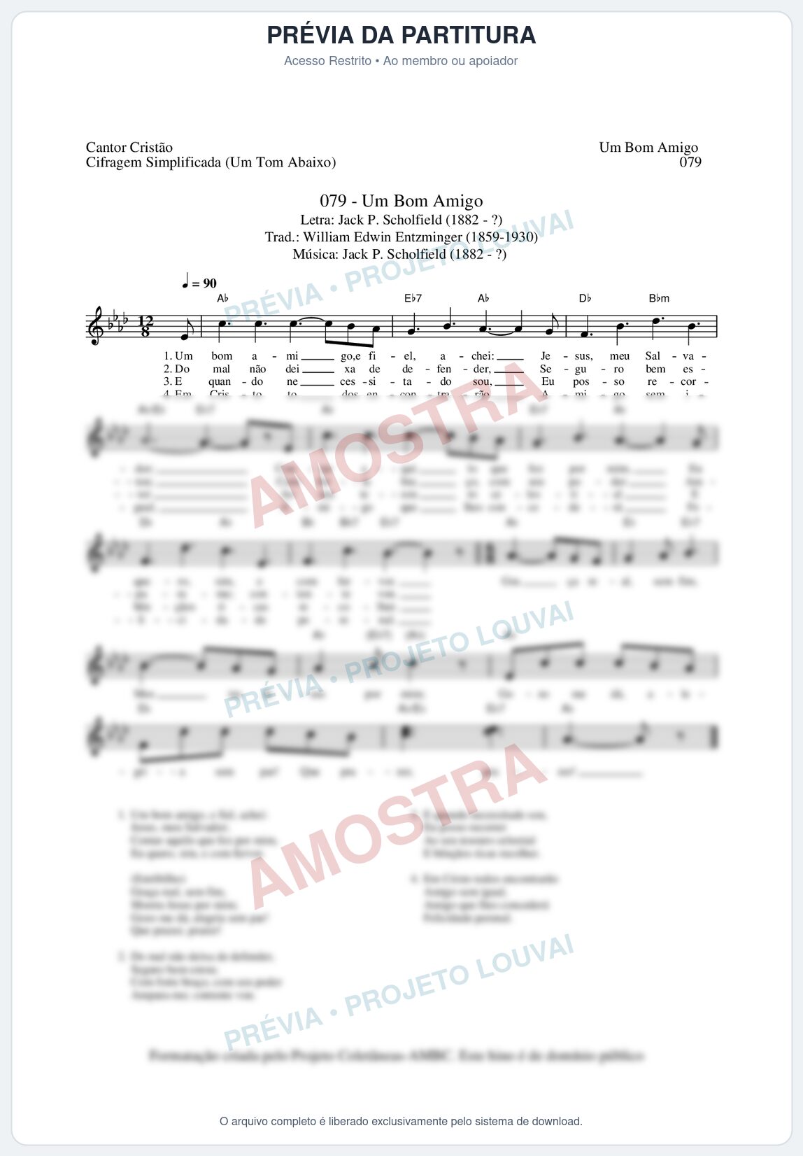 Prévia protegida da primeira página da partitura Partitura da música Um Bom Amigo (Cantor Cristão nº79) - Cantor Cristão - Tom Ab