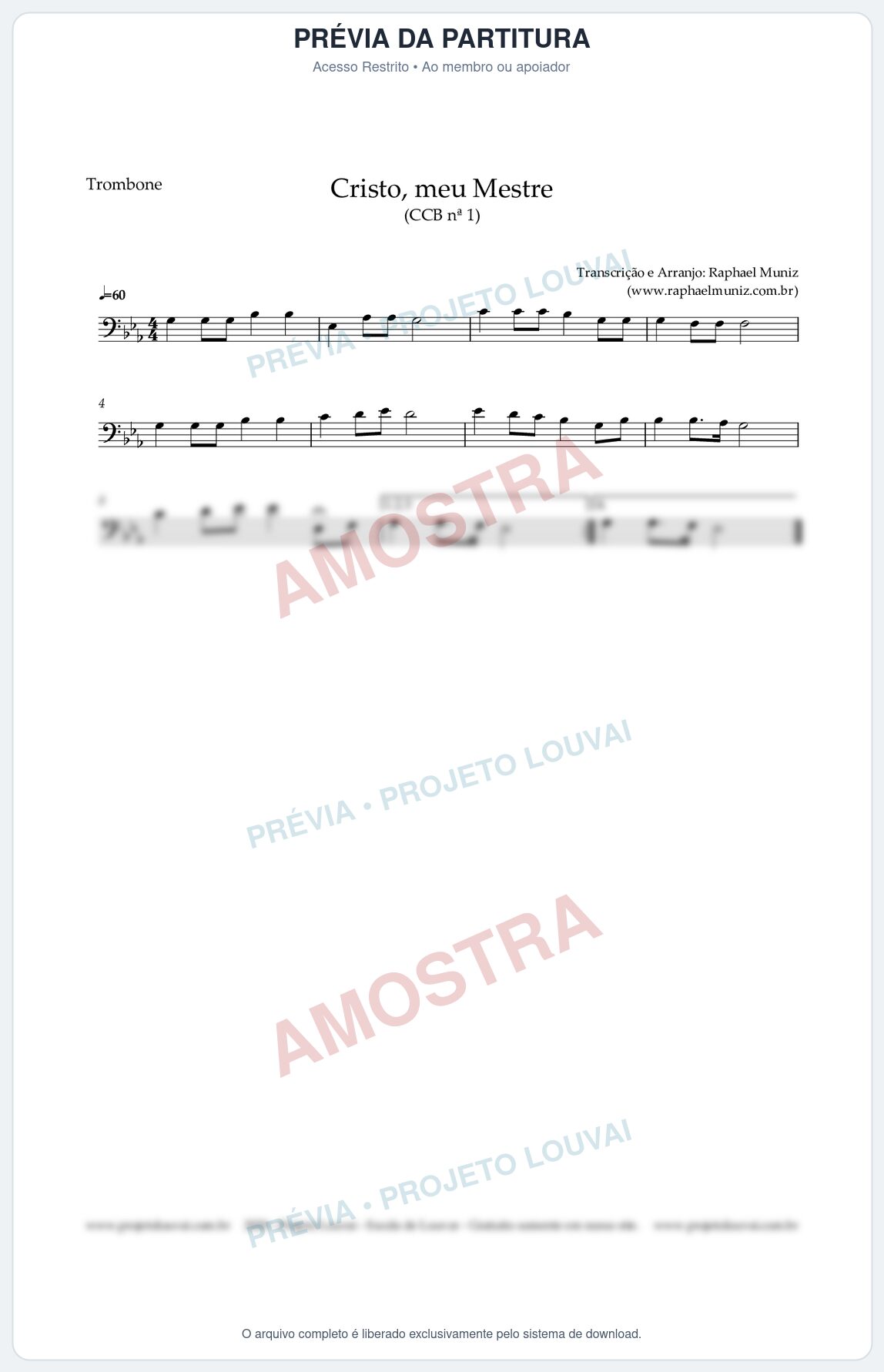 Prévia protegida da primeira página da partitura Partitura para Trombone - Cristo, meu Mestre - Hinário CCB nº 1 - Clássicos do Gospel