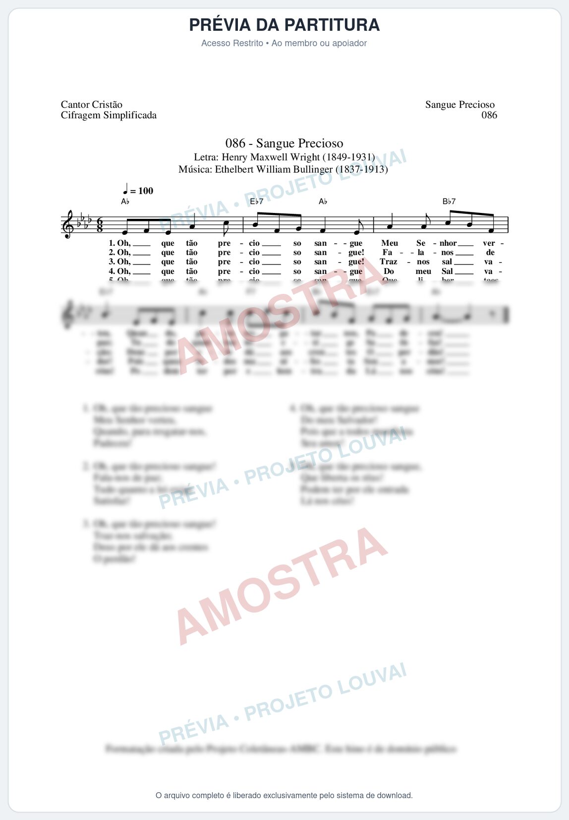 Prévia protegida da primeira página da partitura Partitura da música Sangue Precioso (Cantor Cristão nº86) - Cantor Cristão - Tom Ab