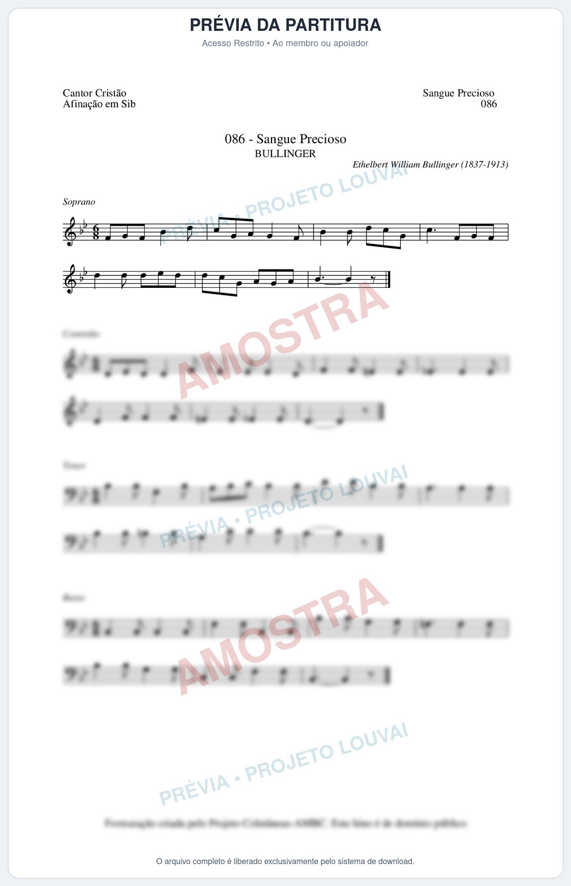 Prévia protegida da primeira página da partitura Partitura da música Sangue Precioso (Cantor Cristão nº86) - Cantor Cristão - Tom Bb