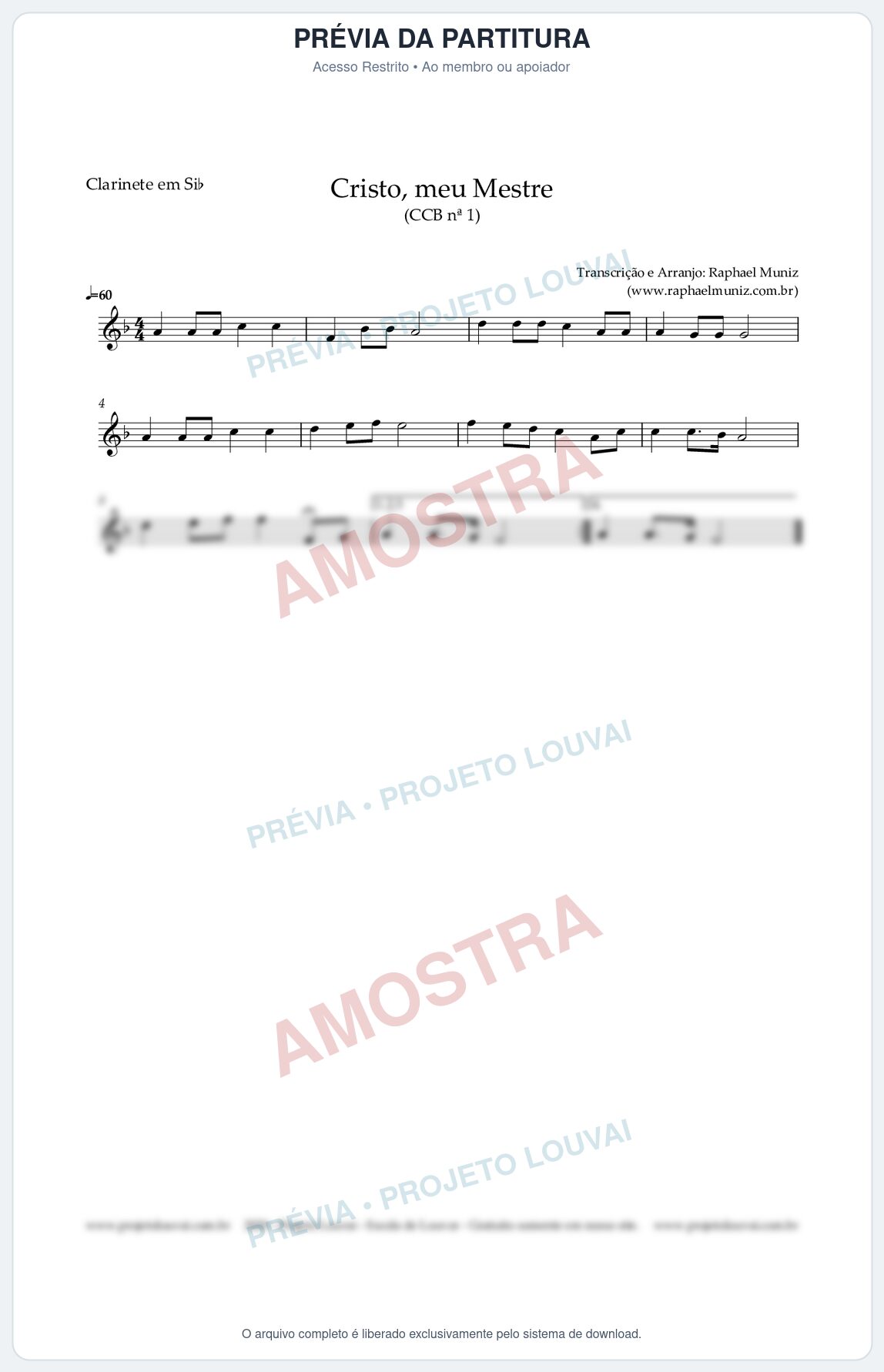 Prévia protegida da primeira página da partitura Partitura para Clarinete em Bb - Cristo, meu Mestre - Hinário CCB nº 1 - Clássicos do Gospel