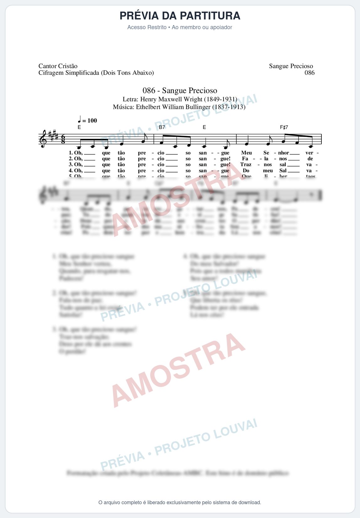 Prévia protegida da primeira página da partitura Partitura da música Sangue Precioso (Cantor Cristão nº86) - Cantor Cristão - Tom E