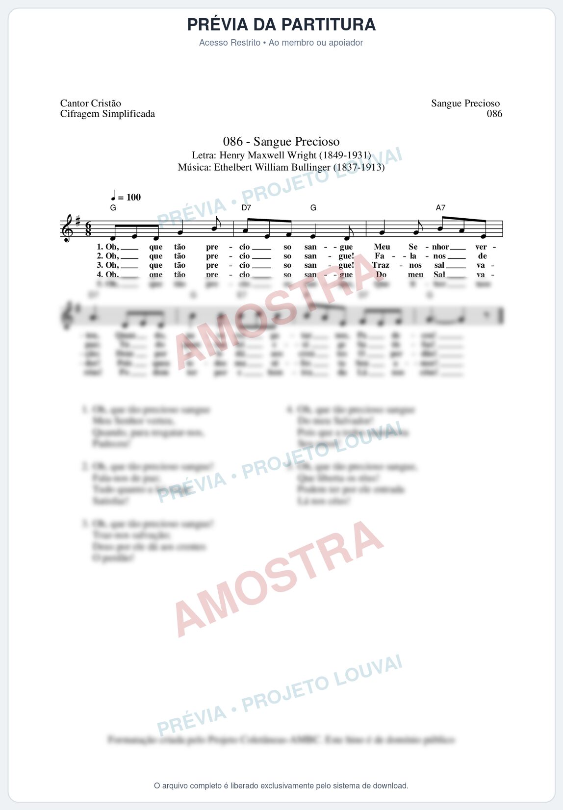 Prévia protegida da primeira página da partitura Partitura da música Sangue Precioso (Cantor Cristão nº86) - Cantor Cristão - Tom G