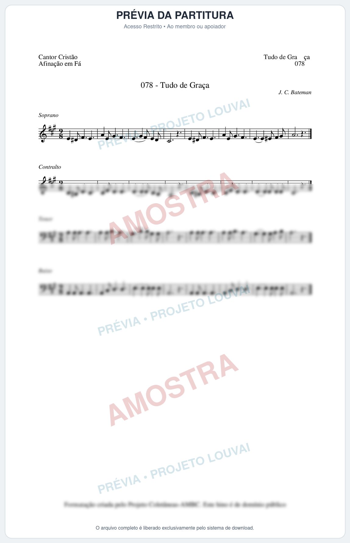 Prévia protegida da primeira página da partitura Partitura da música Tudo de Graça (Cantor Cristão nº78) - Cantor Cristão - Tom A