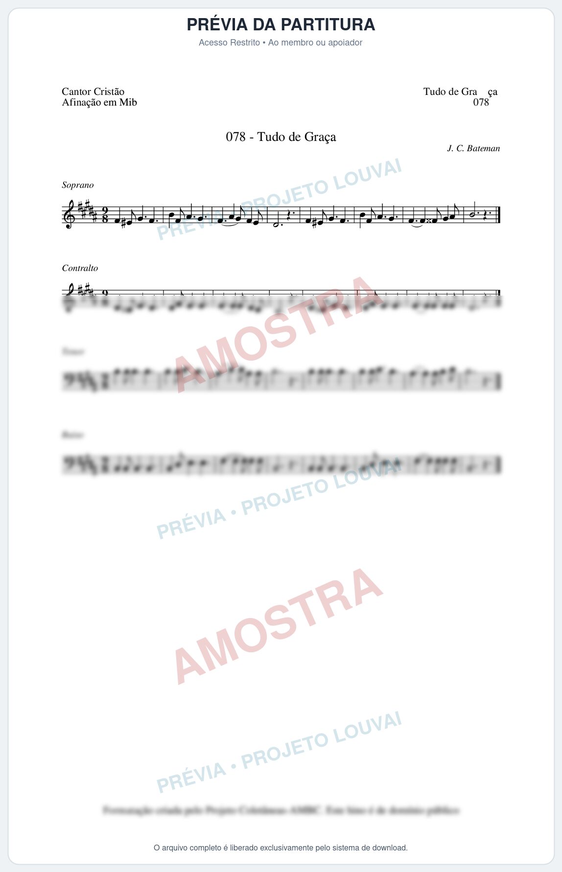 Prévia protegida da primeira página da partitura Partitura da música Tudo de Graça (Cantor Cristão nº78) - Cantor Cristão - Tom B