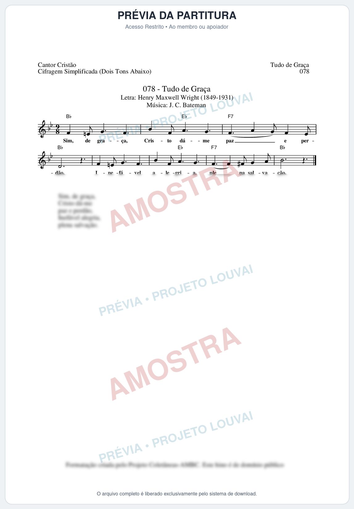 Prévia protegida da primeira página da partitura Partitura da música Tudo de Graça (Cantor Cristão nº78) - Cantor Cristão - Tom Bb
