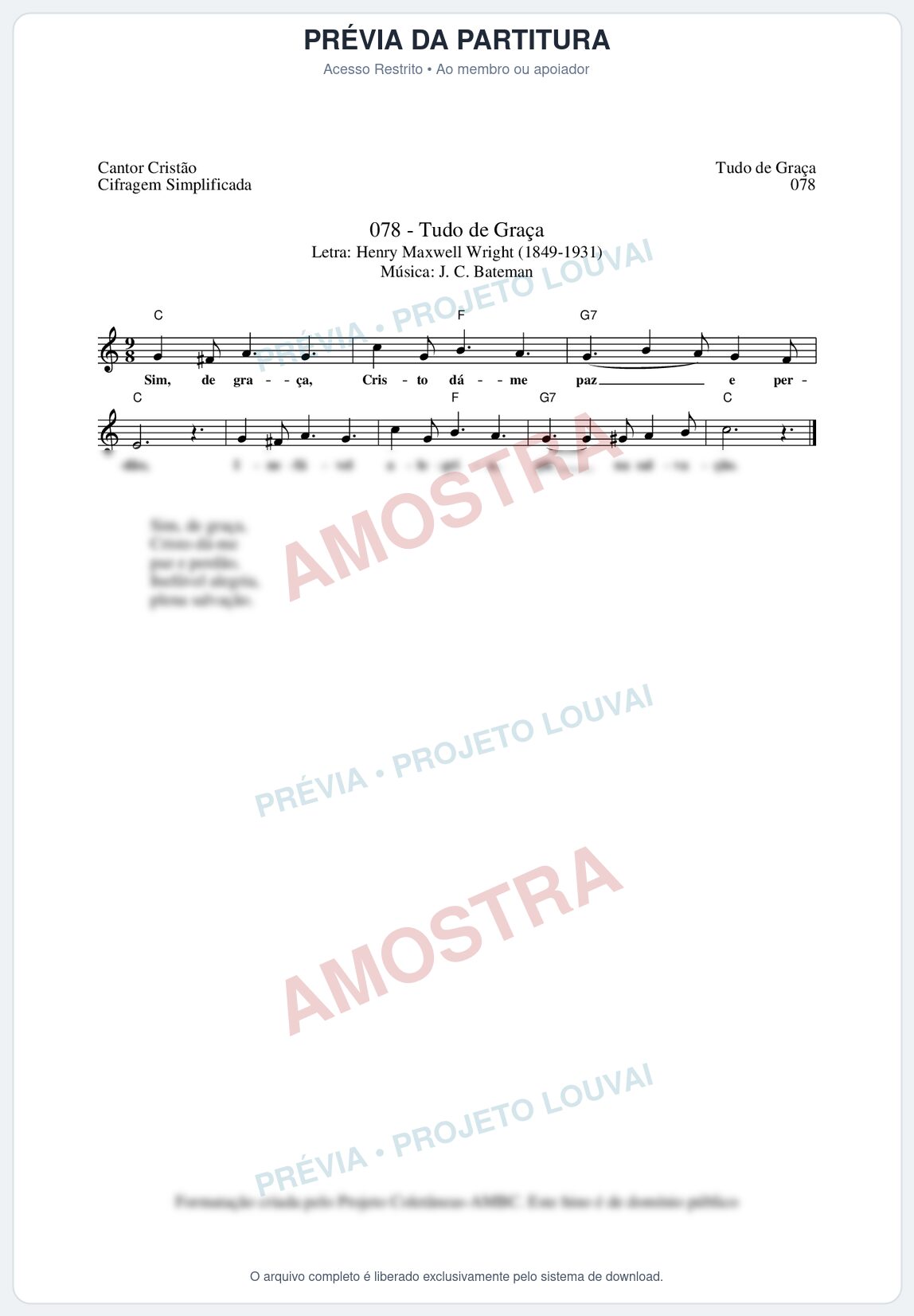 Prévia protegida da primeira página da partitura Partitura da música Tudo de Graça (Cantor Cristão nº78) - Cantor Cristão - Tom C