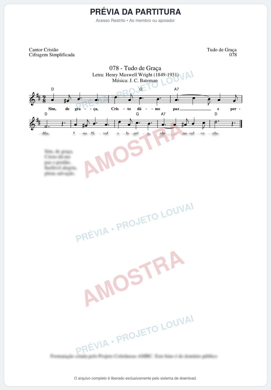 Prévia protegida da primeira página da partitura Partitura da música Tudo de Graça (Cantor Cristão nº78) - Cantor Cristão - Tom D