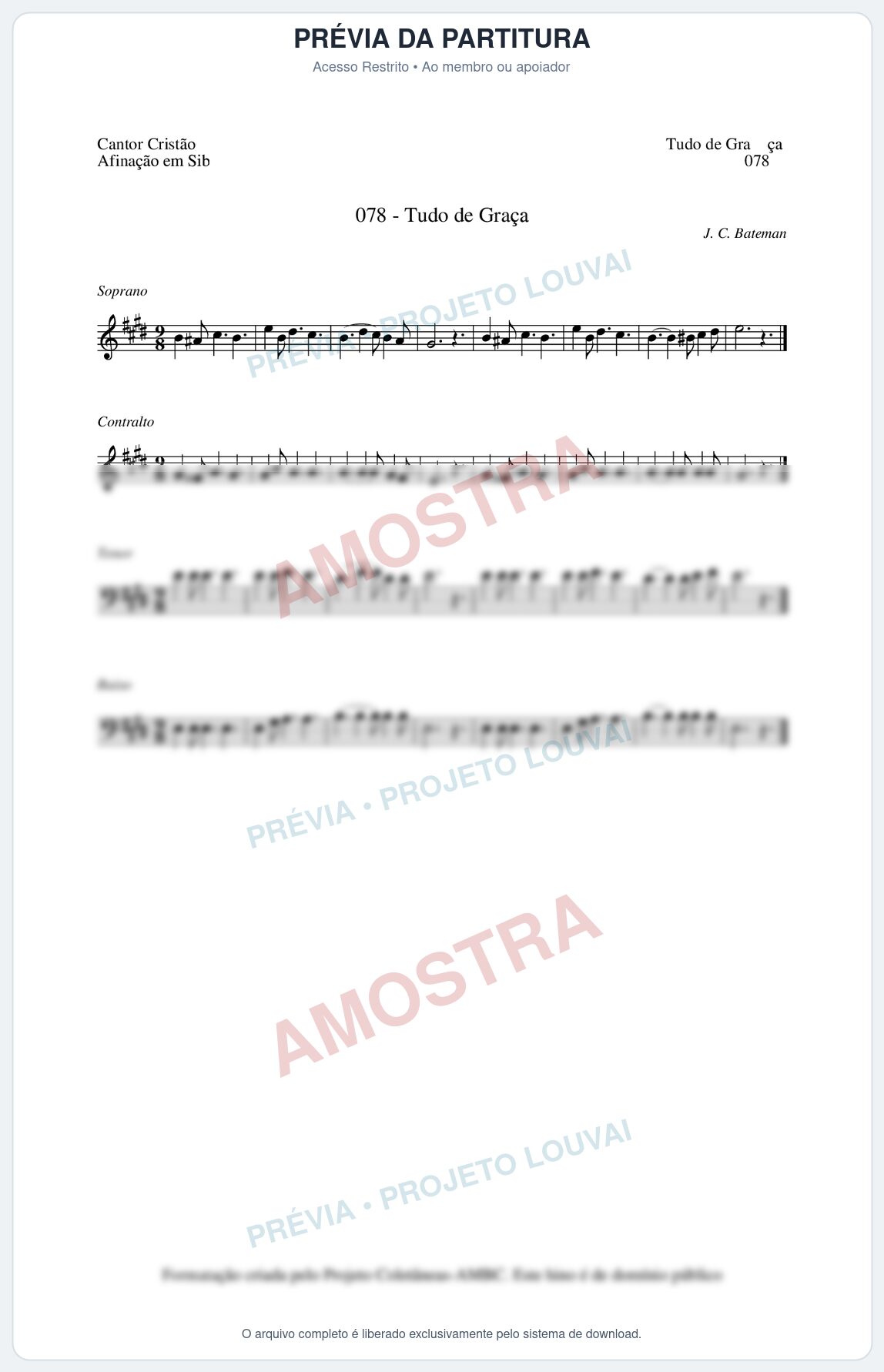 Prévia protegida da primeira página da partitura Partitura da música Tudo de Graça (Cantor Cristão nº78) - Cantor Cristão - Tom E