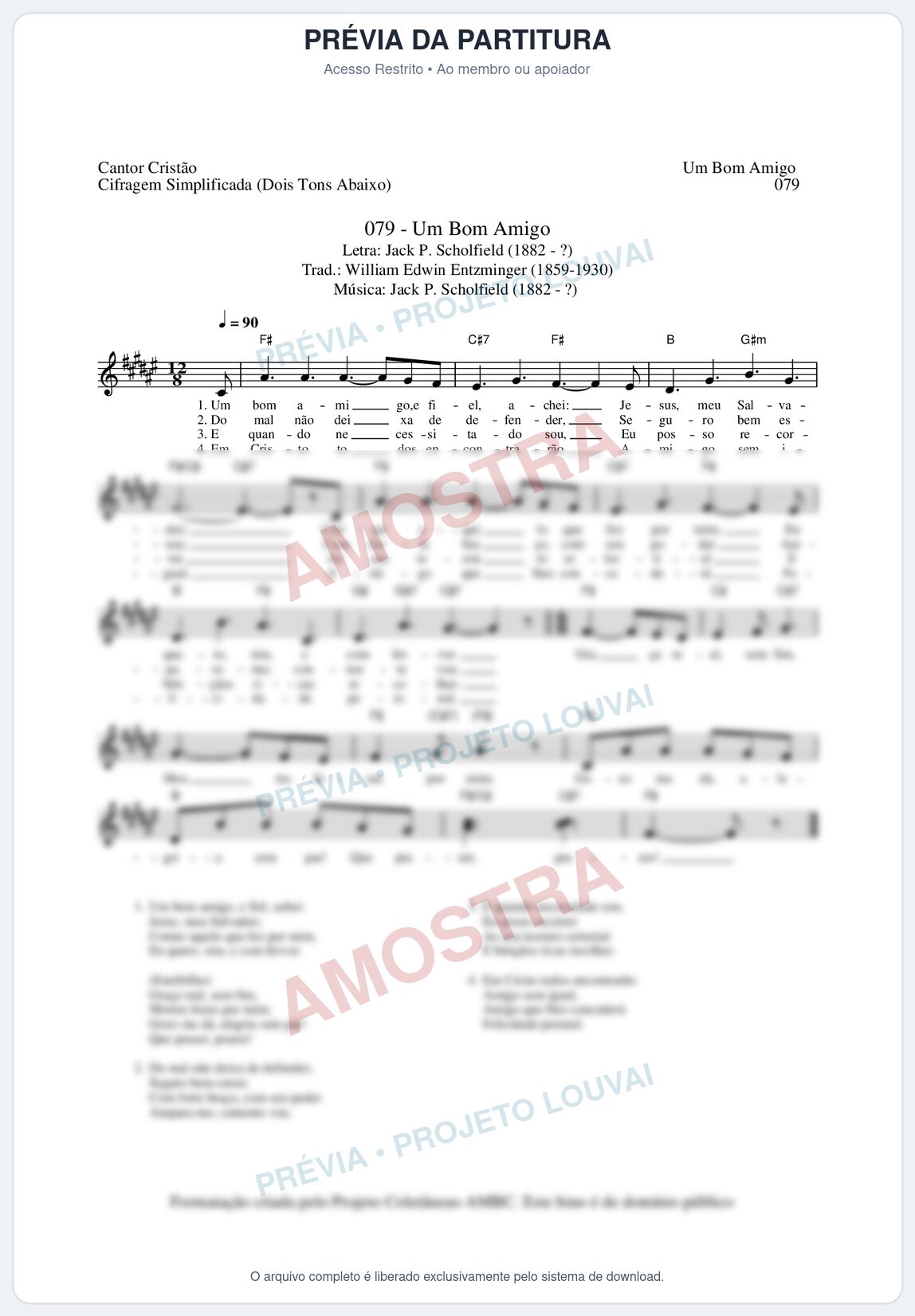 Prévia protegida da primeira página da partitura Partitura da música Um Bom Amigo (Cantor Cristão nº79) - Cantor Cristão - Tom F#