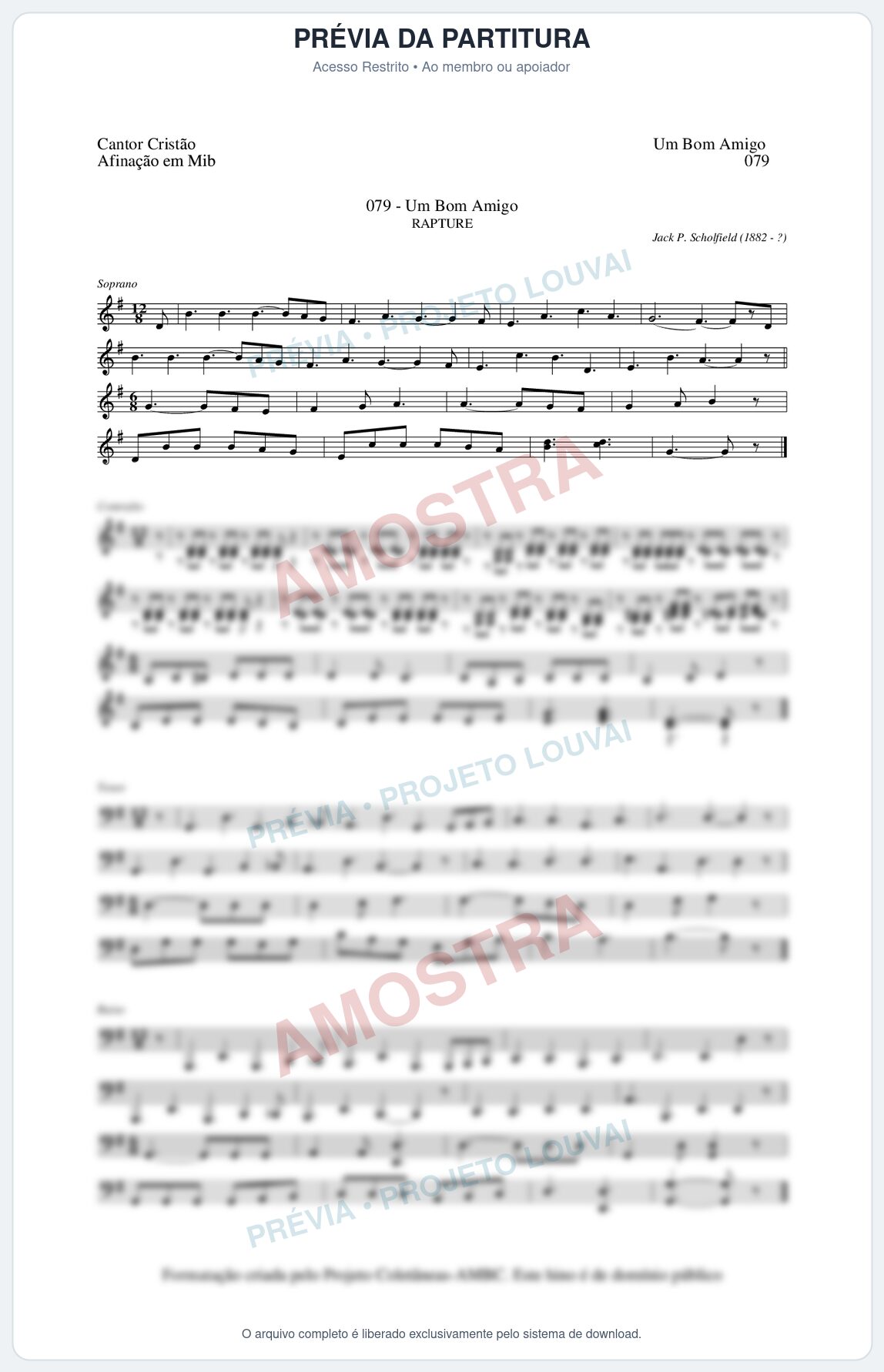 Prévia protegida da primeira página da partitura Partitura da música Um Bom Amigo (Cantor Cristão nº79) - Cantor Cristão - Tom G