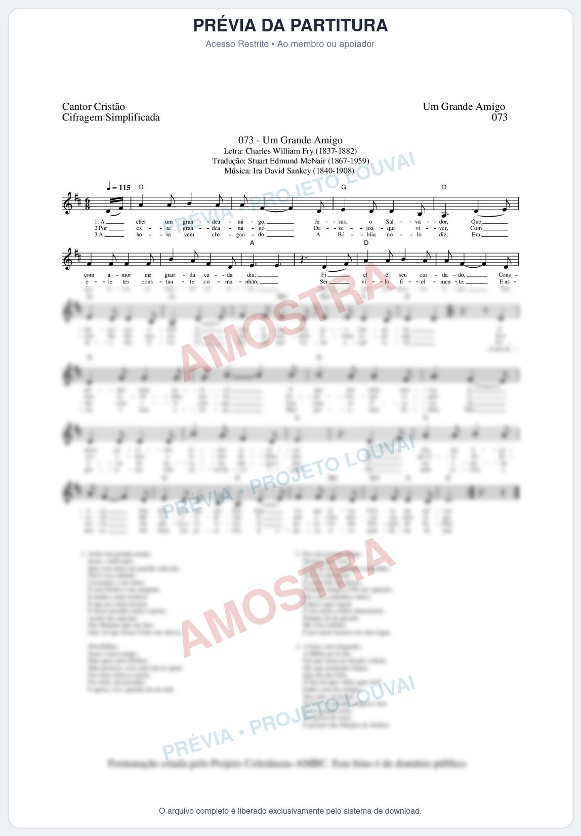 Prévia protegida da primeira página da partitura Partitura da música Um Grande Amigo (Cantor Cristão nº73) - Cantor Cristão - Tom D