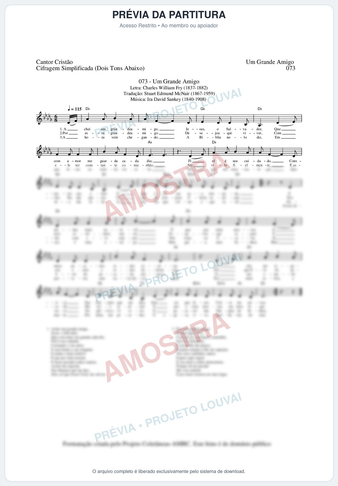 Prévia protegida da primeira página da partitura Partitura da música Um Grande Amigo (Cantor Cristão nº73) - Cantor Cristão - Tom Db