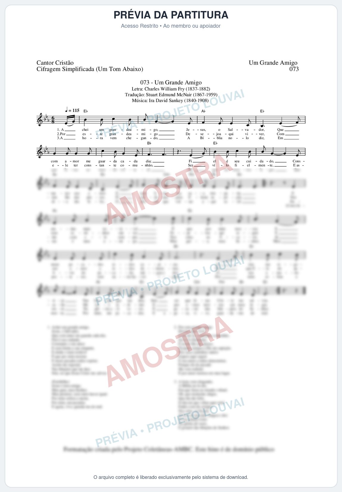 Prévia protegida da primeira página da partitura Partitura da música Um Grande Amigo (Cantor Cristão nº73) - Cantor Cristão - Tom Eb