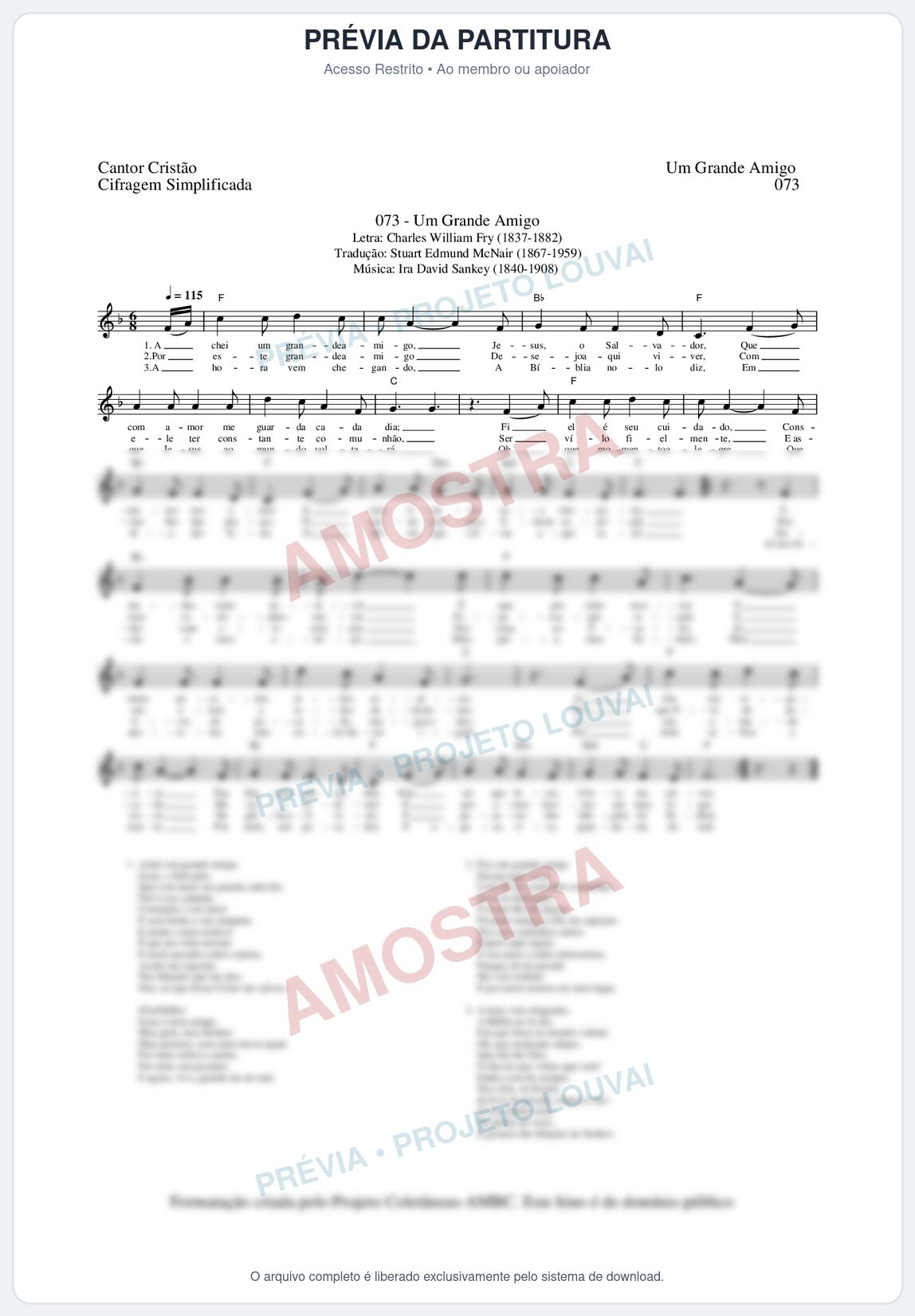Prévia protegida da primeira página da partitura Partitura da música Um Grande Amigo (Cantor Cristão nº73) - Cantor Cristão - Tom F
