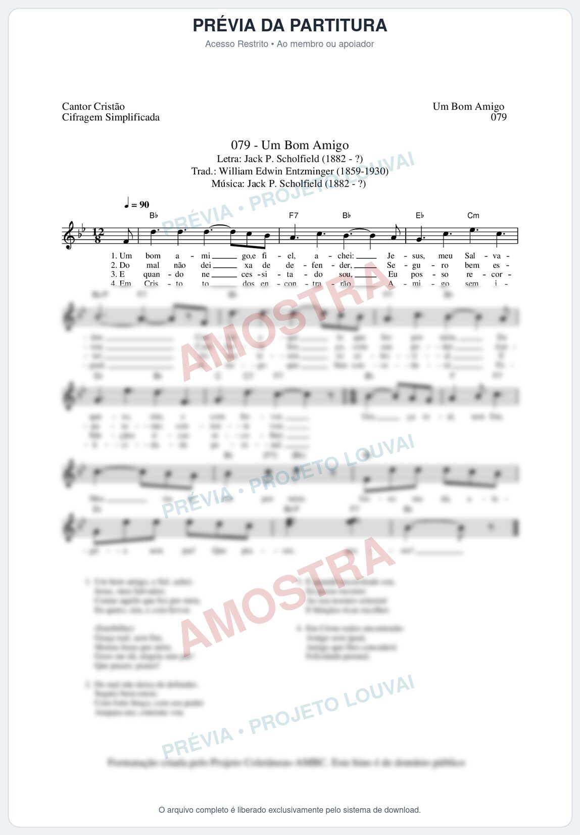 Prévia protegida da primeira página da partitura Partitura da música Um Bom Amigo (Cantor Cristão nº79) - Cantor Cristão - Tom Bb
