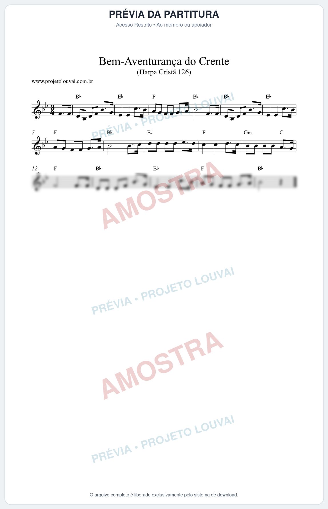 Prévia protegida da primeira página da partitura Partitura da música Bem-Aventurança do Crente (Harpa Cristã nº126) - Harpa Cristã - Tom Bb