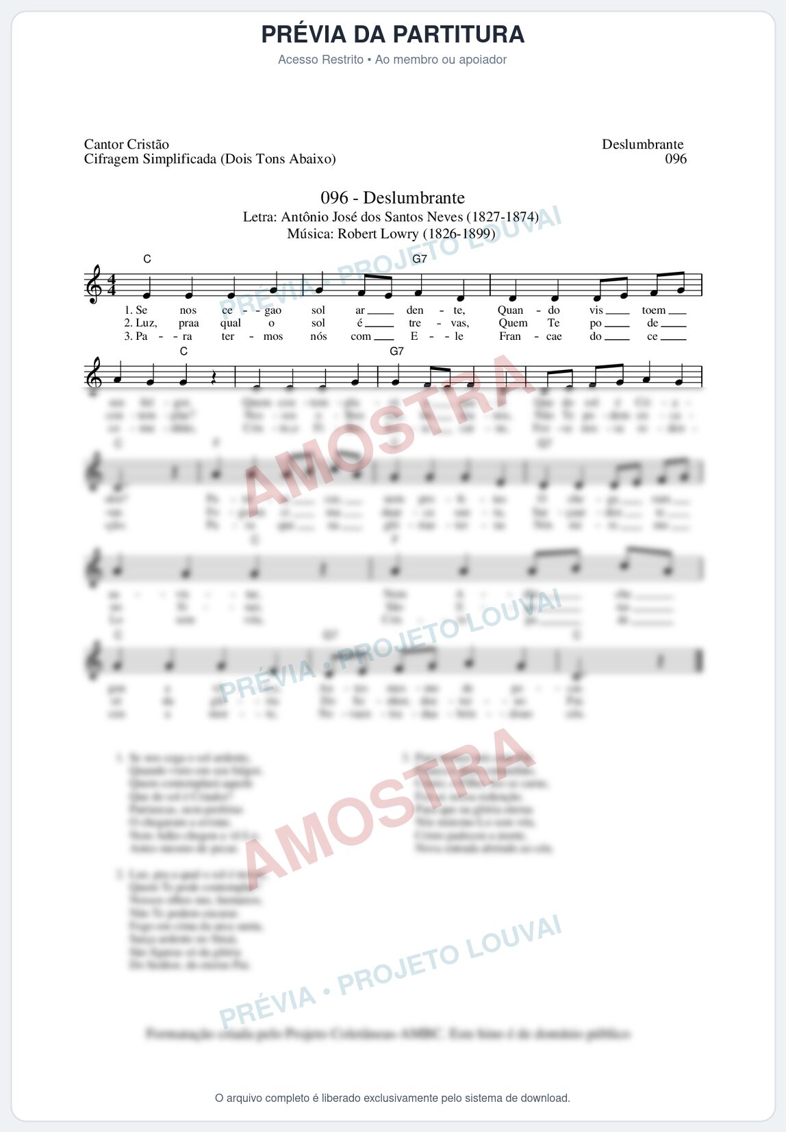 Prévia protegida da primeira página da partitura Partitura da música Deslumbrante (Cantor Cristão nº96) - Cantor Cristão - Tom C