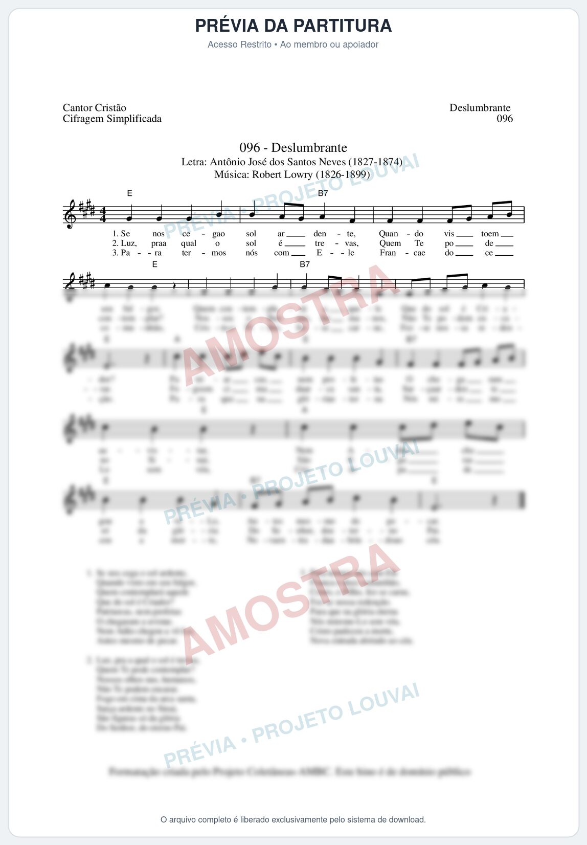 Prévia protegida da primeira página da partitura Partitura da música Deslumbrante (Cantor Cristão nº96) - Cantor Cristão - Tom E