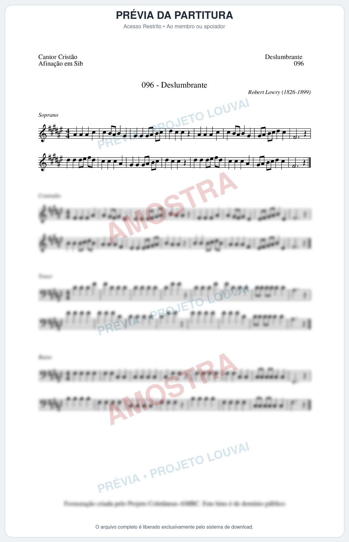 Prévia protegida da primeira página da partitura Partitura da música Deslumbrante (Cantor Cristão nº96) - Cantor Cristão - Tom F#