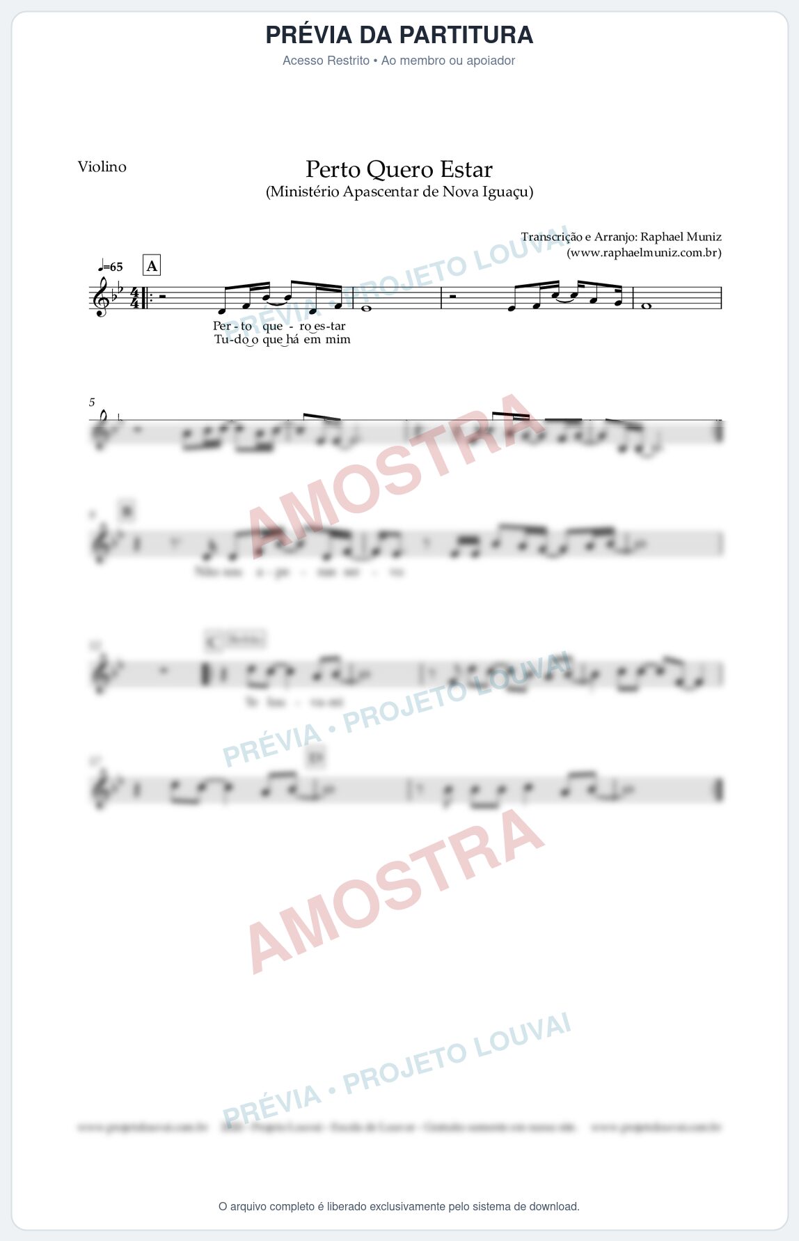 Prévia protegida da primeira página da partitura Partitura para Violino - Perto Quero Estar - Ministério Apascentar de Nova Iguaçu