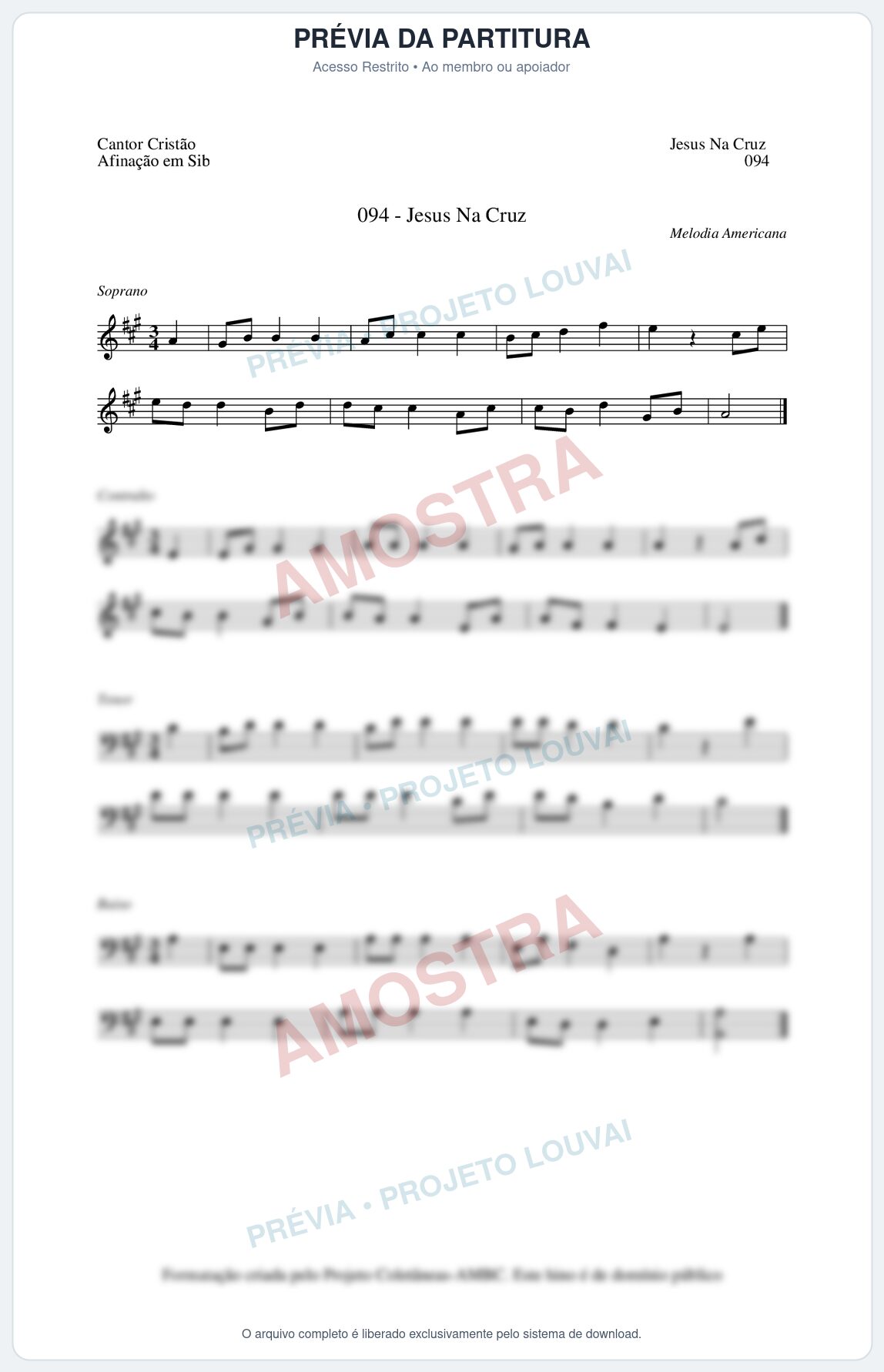 Prévia protegida da primeira página da partitura Partitura da música Jesus Na Cruz (Cantor Cristão nº94) - Cantor Cristão - Tom A