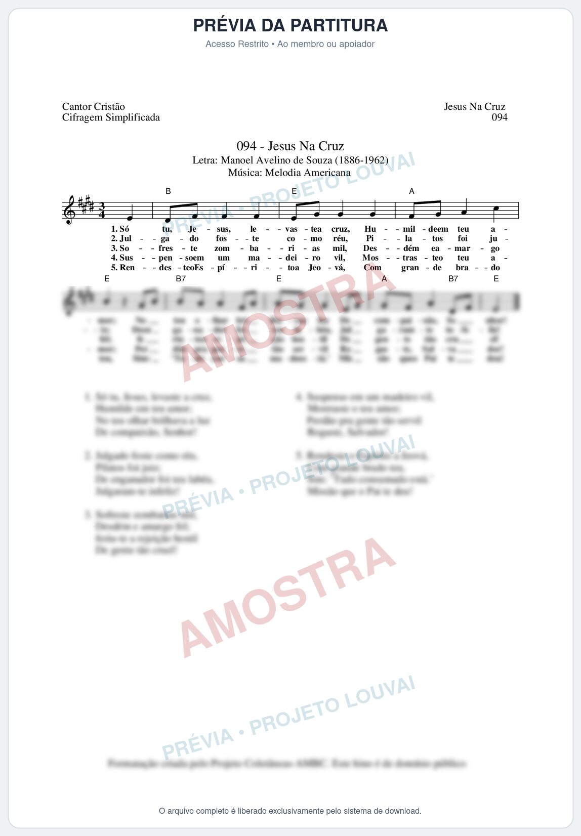 Prévia protegida da primeira página da partitura Partitura da música Jesus Na Cruz (Cantor Cristão nº94) - Cantor Cristão - Tom B