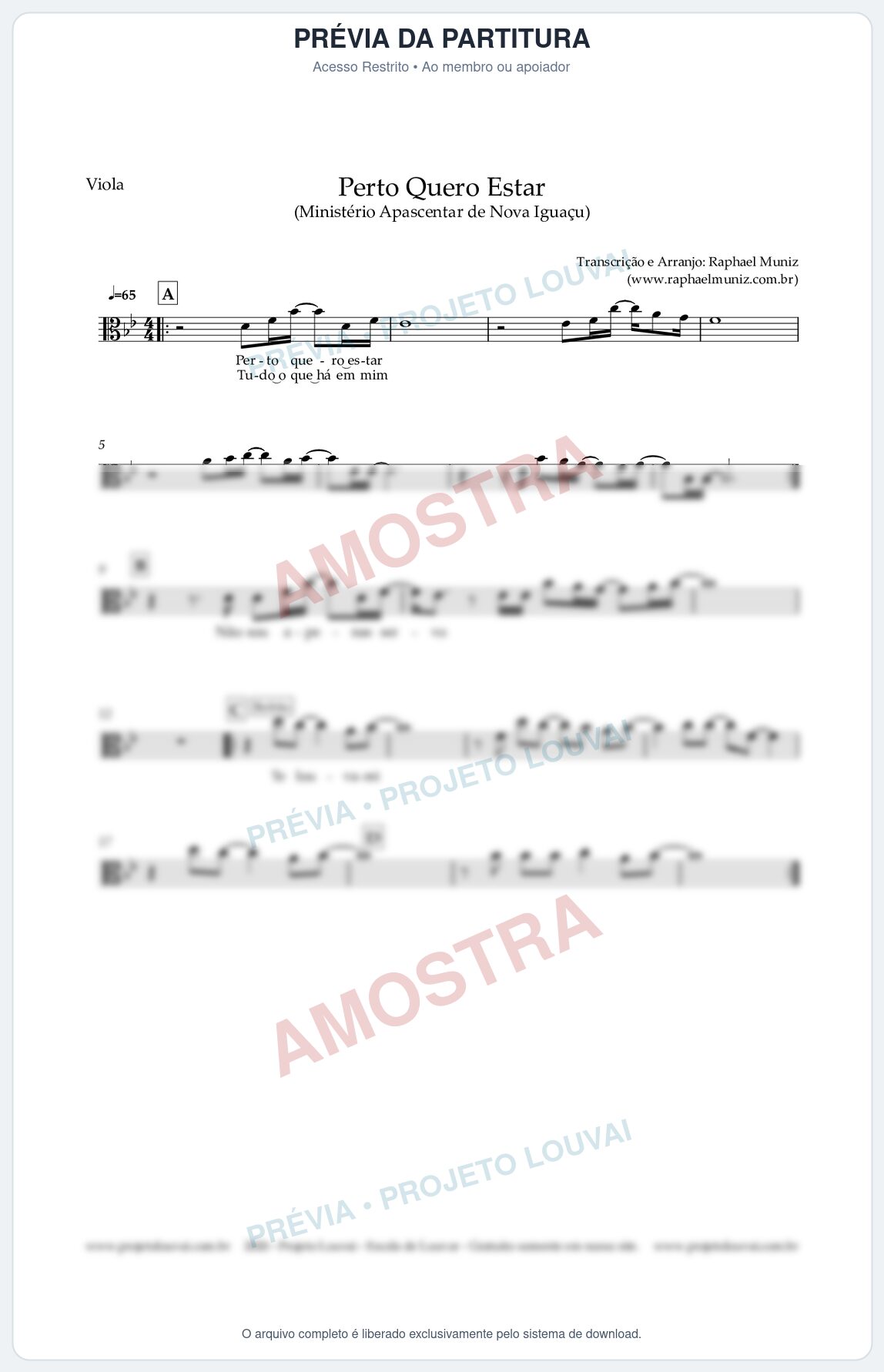 Prévia protegida da primeira página da partitura Partitura para Viola - Perto Quero Estar - Apascentar de Nova Iguaçu