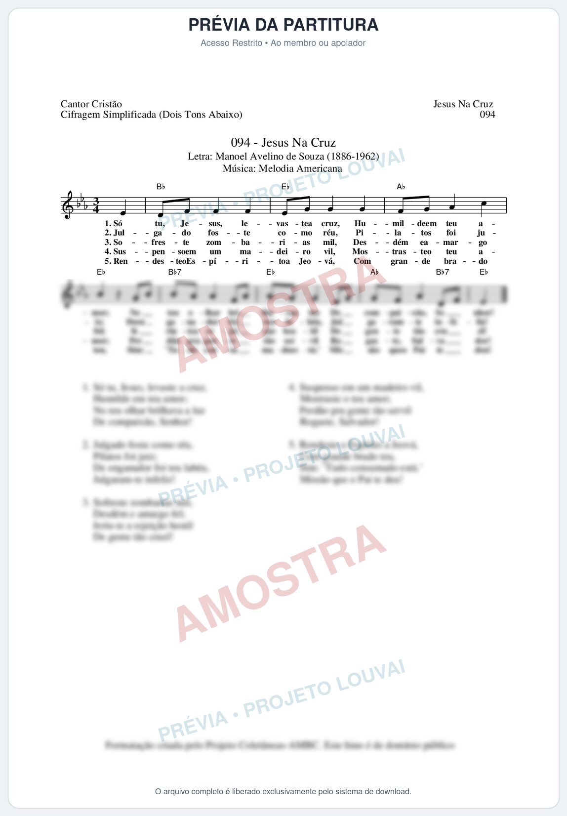 Prévia protegida da primeira página da partitura Partitura da música Jesus Na Cruz (Cantor Cristão nº94) - Cantor Cristão - Tom Bb