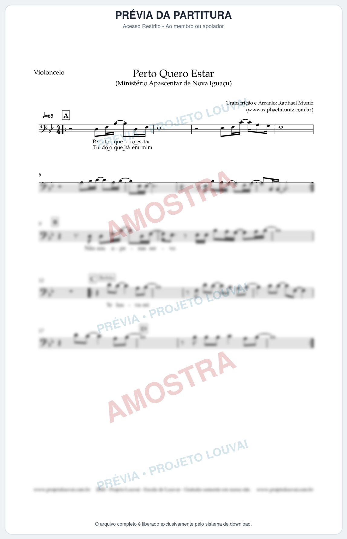Prévia protegida da primeira página da partitura Partitura para Violoncelo - Perto Quero Estar - Apascentar de Nova Iguaçu